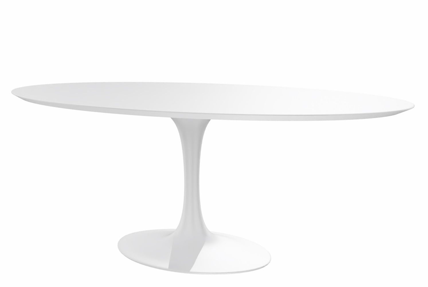 Saarinen Esstisch oval von Knoll International, moderner Küchentisch mit weißer Tischplatte und zentralem Fuß.
