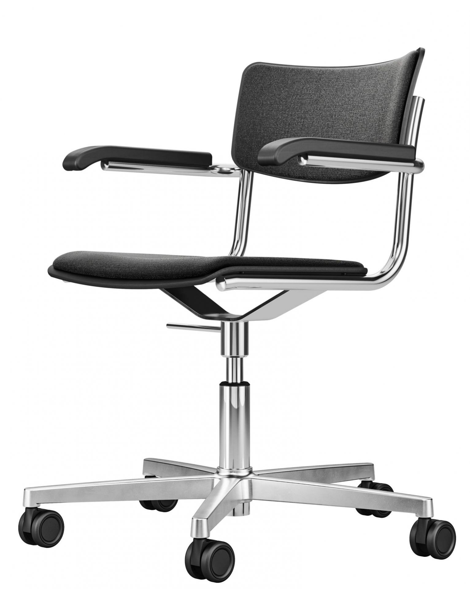 Thonet S 43 Drehstuhl mit Armlehnen, grauem Stoffbezug und Chromgestell auf Rollen.