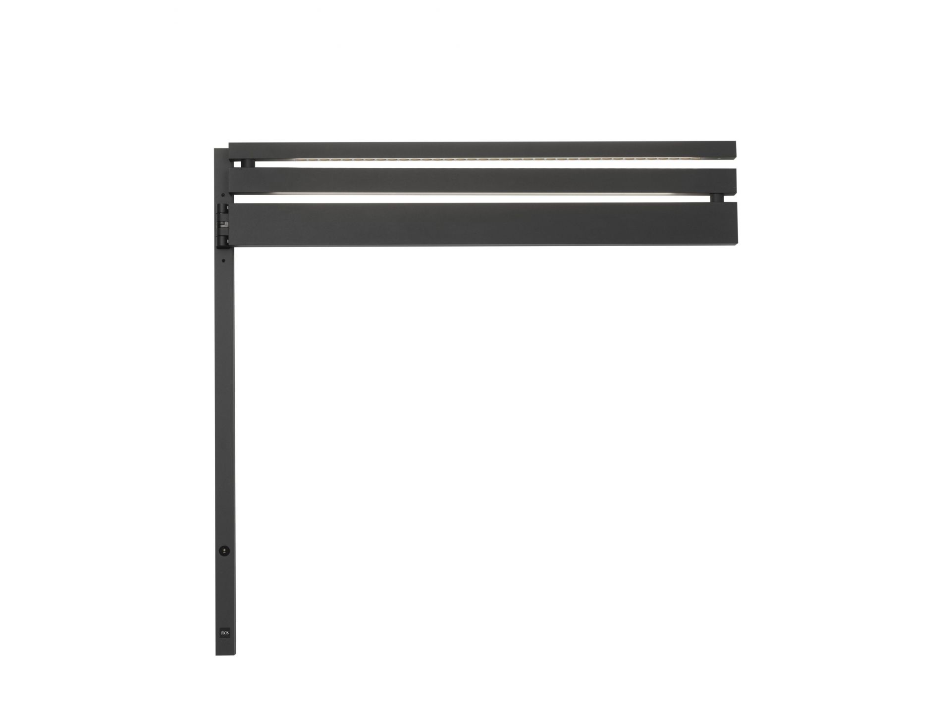 Schwarze Flos Black Flag Wandleuchte mit horizontalen Lamellen und minimalistischem Design für Innenräume.