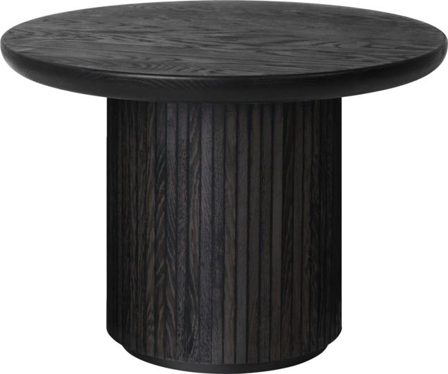 Schwarzer Moon Coffee Table Couchtisch mit runder Tischplatte und geriffeltem Sockel aus Holz.