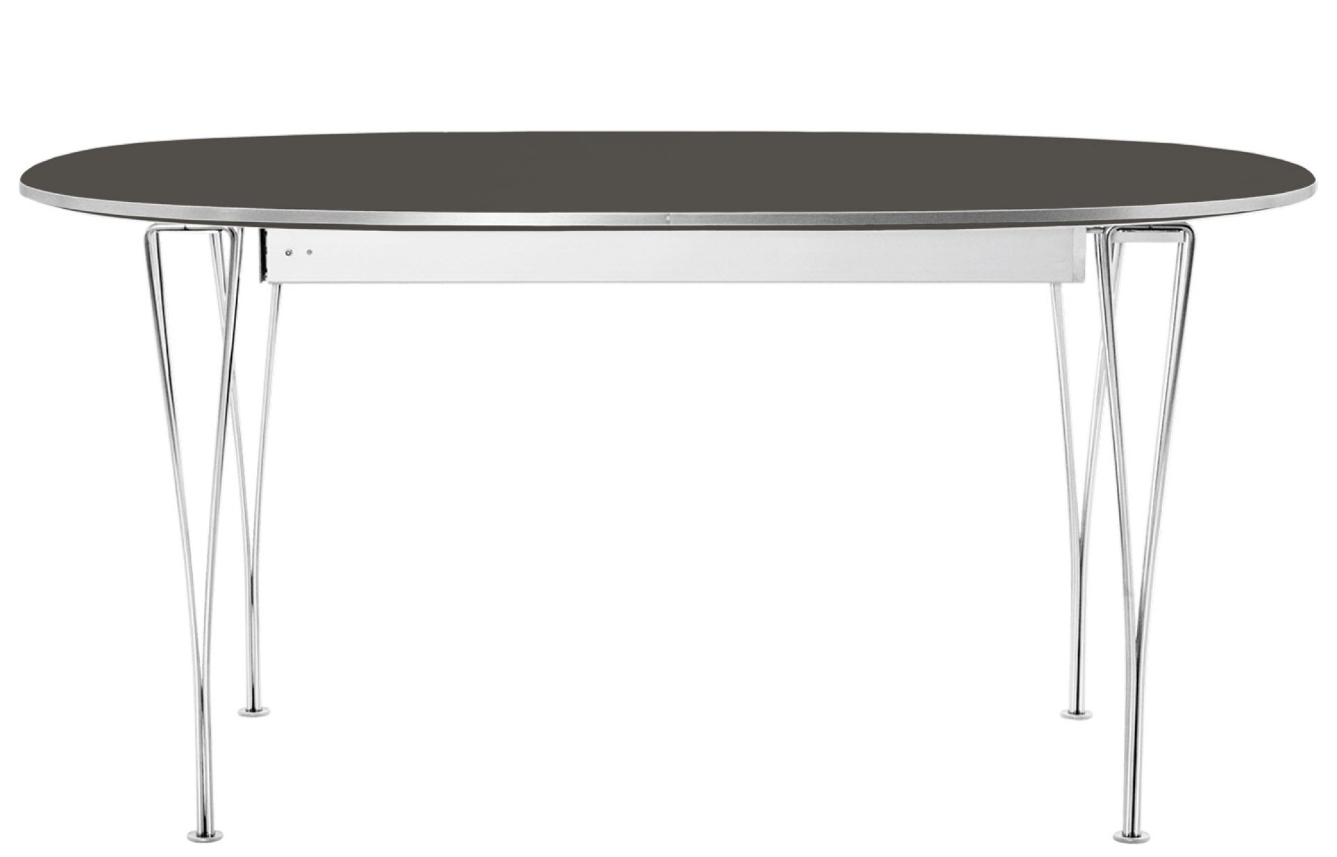 Fritz Hansen Super Elliptisch Ausziehtisch mit grauer Tischplatte und verchromtem Stahlgestell.