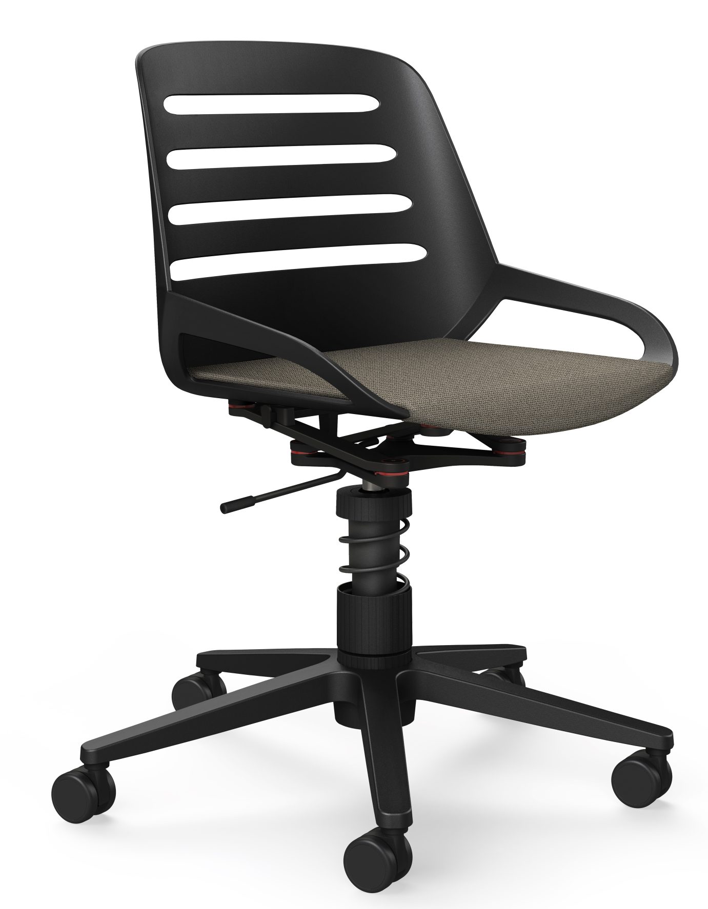 Numo Task Drehstuhl von Aeris, schwarzes Gestell, grauer Sitzbezug, ergonomischer Bürostuhl mit Rollen.