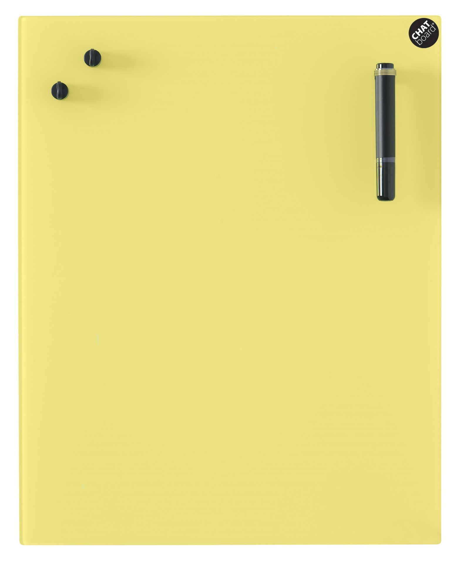 Gelbe Chat Board Classic Glastafel für die Wand, mit Stift und Magneten, für Büro und Zuhause.