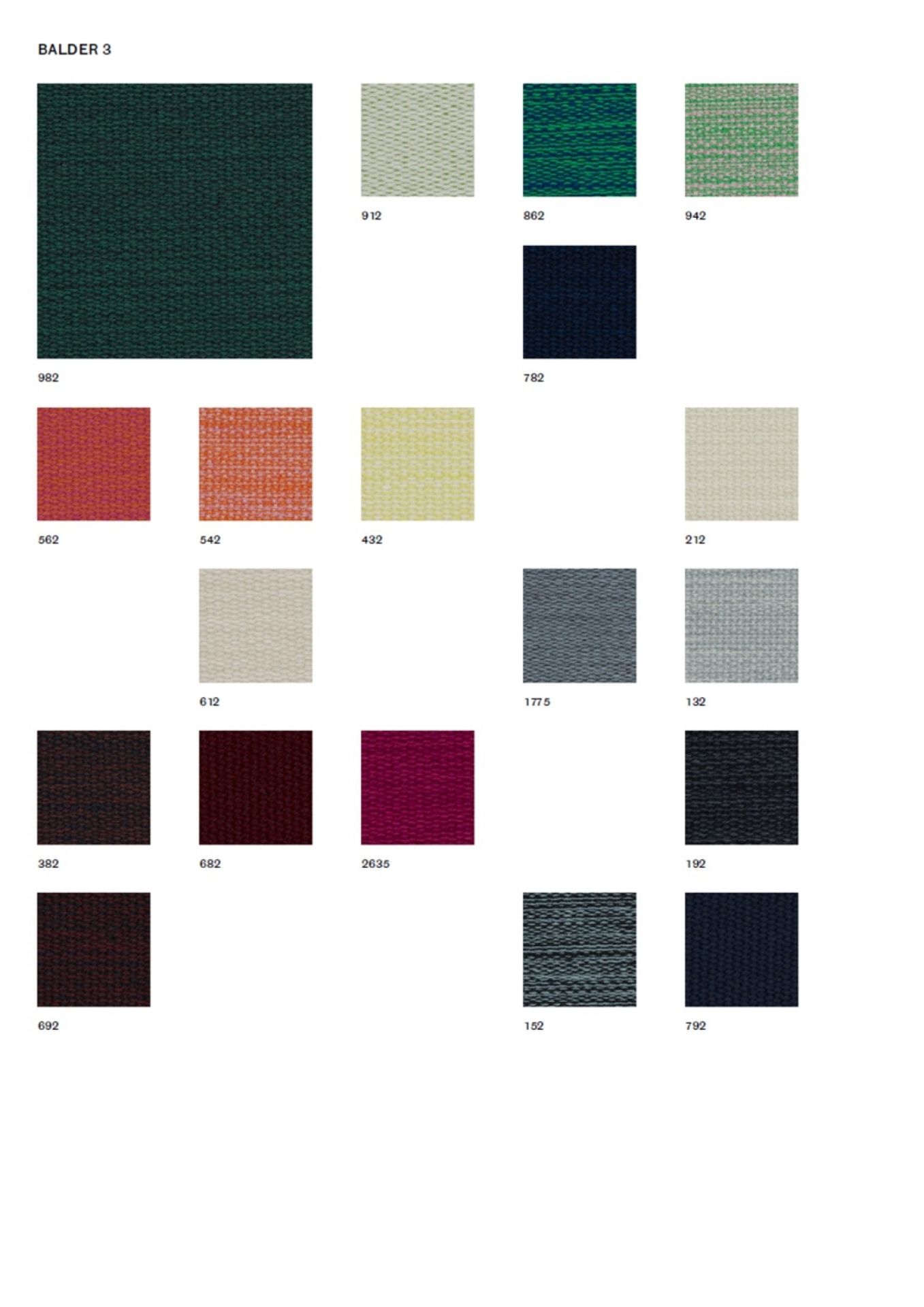 Stoffmusterkarte Balder 3 von Kvadrat mit verschiedenen Farbvarianten für Möbelstoffe und Polsterstoffe.