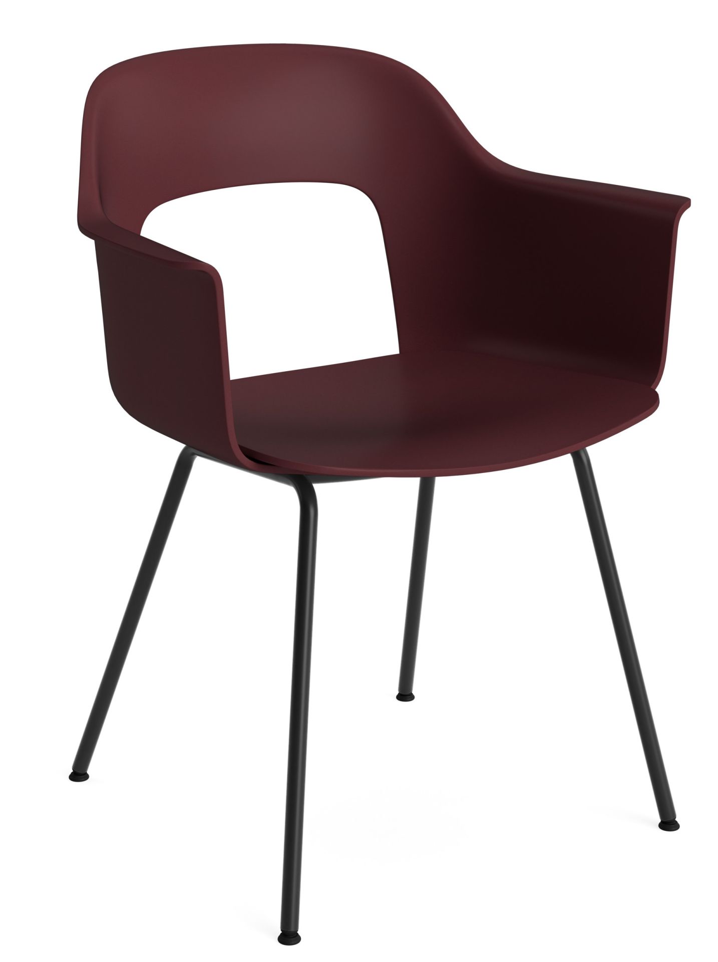 Layout Armchair 211 von Hay, moderner Armlehnstuhl in Bordeauxrot mit schwarzem Metallgestell, für Esszimmer und Büro.