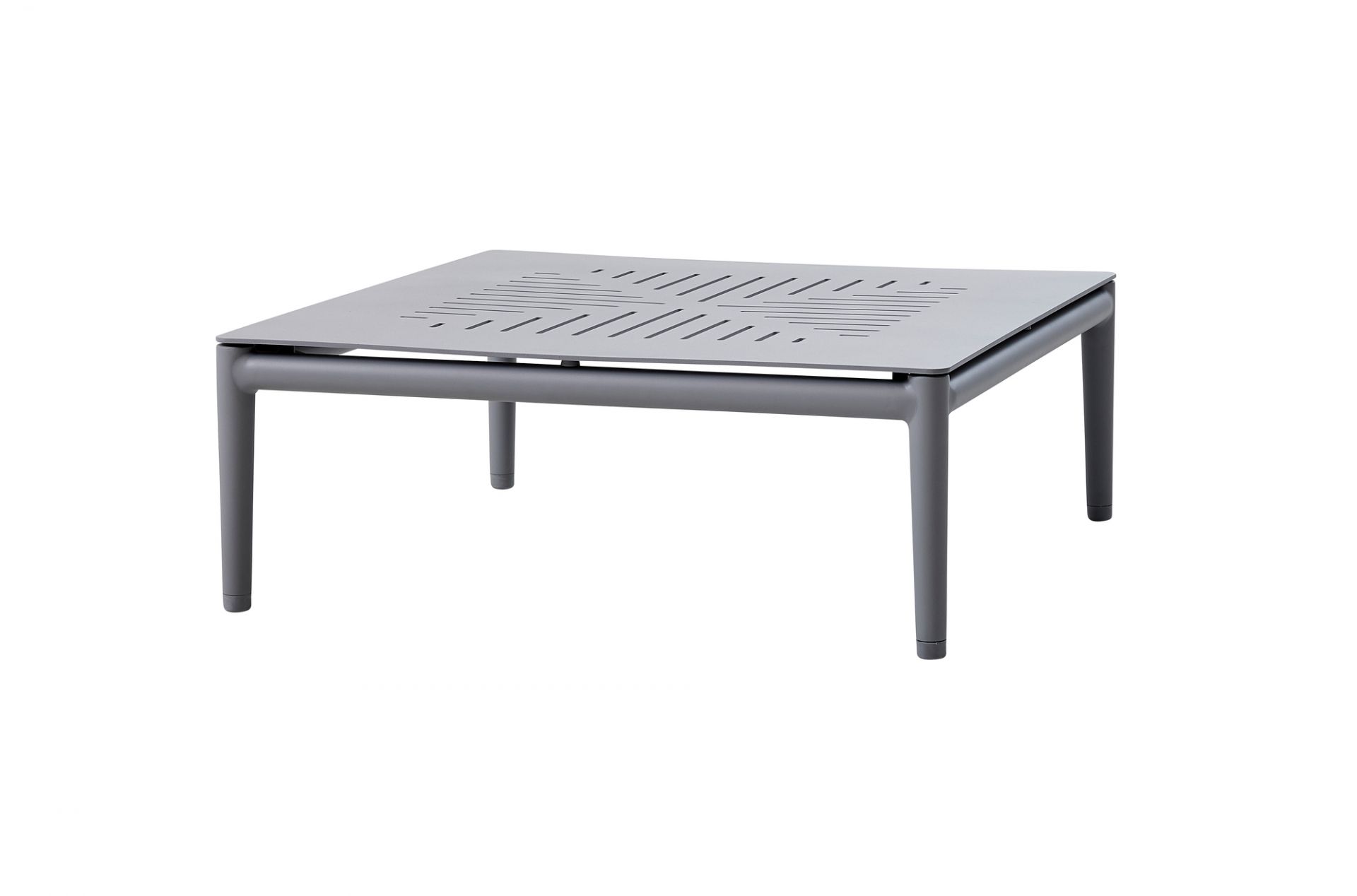 Hellgrauer Conic Outdoor Couchtisch von Cane-Line mit quadratischer Tischplatte und filigranem Design.