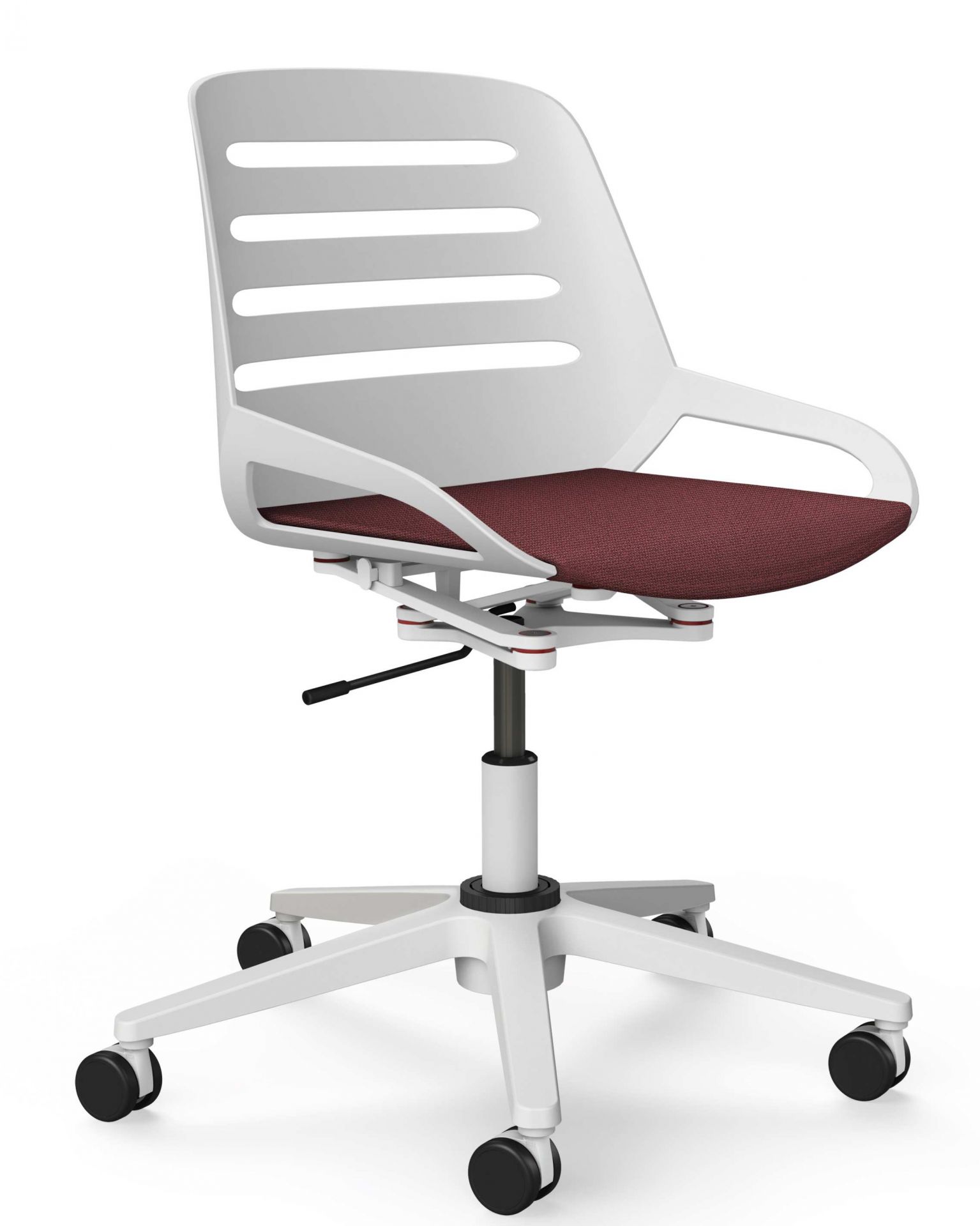 Numo Task Bürodrehstuhl von Aeris, weiß mit rotem Sitzpolster, ergonomischer Schreibtischstuhl mit Rollen für das Büro.