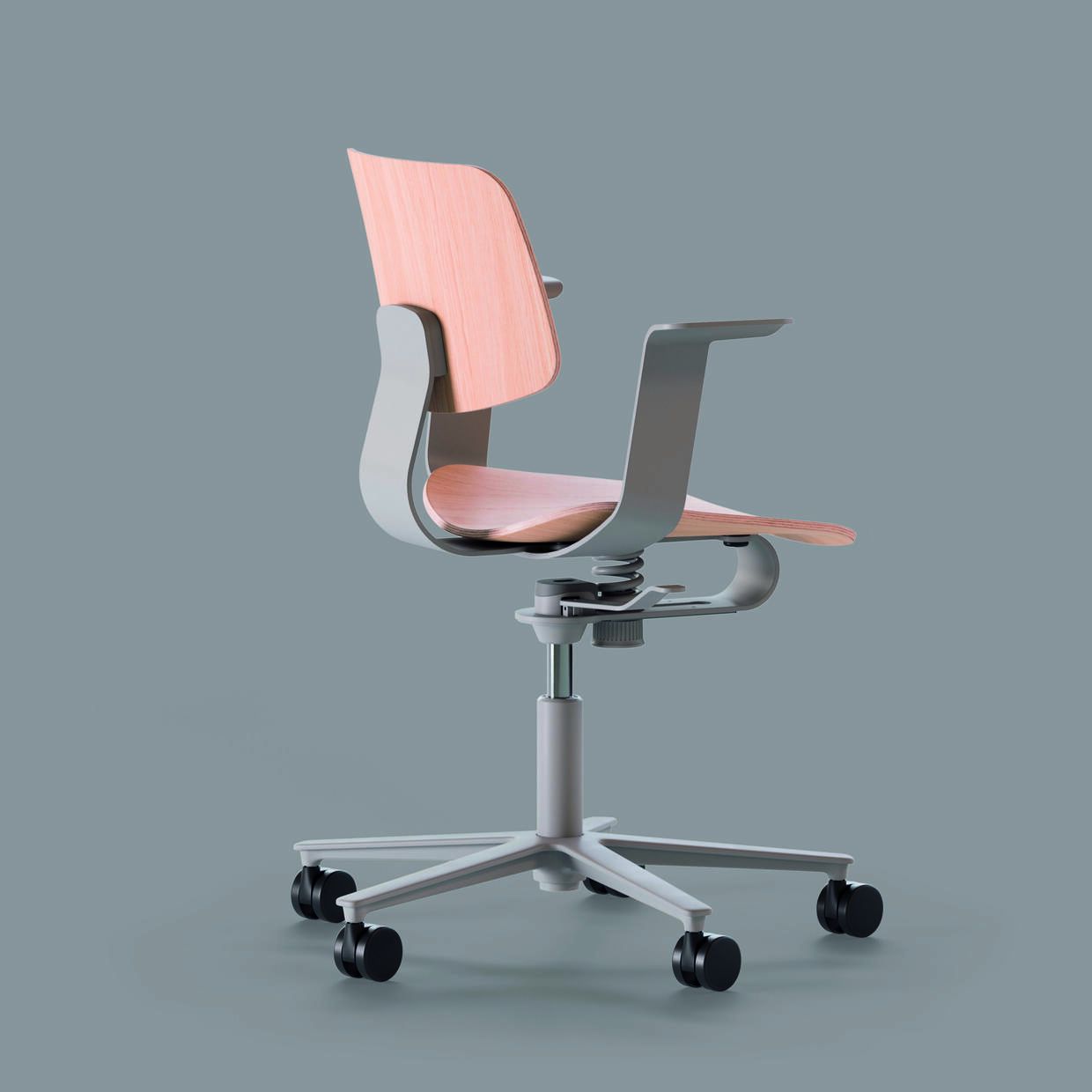 Wilkhahn WiChair Drehstuhl mit Holzschale, grauem Gestell und Rollen von hinten. Ergonomischer Bürostuhl für modernes Arbeiten.