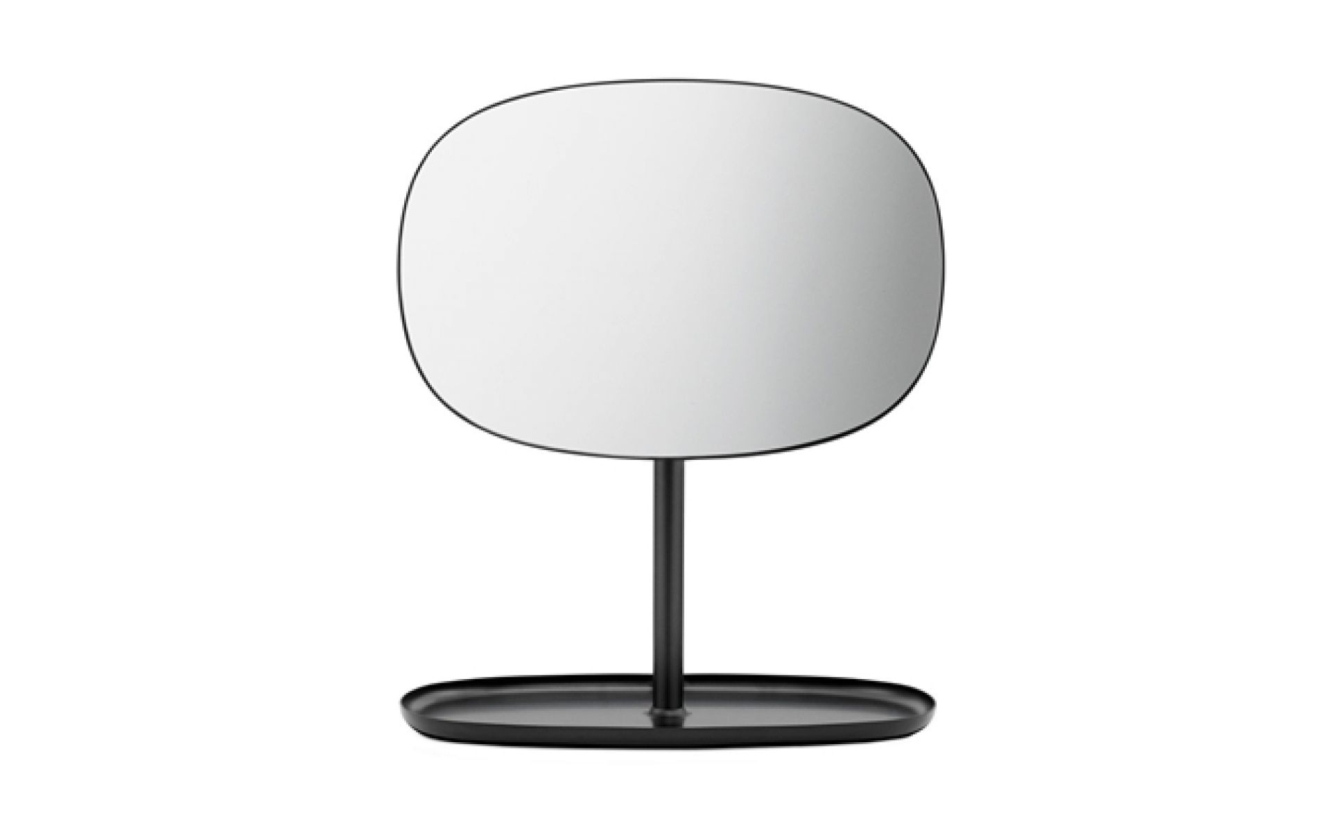 Schwarzer Normann Copenhagen Flip Spiegel mit ovalem Spiegelglas und Ablage für Badaccessoires.