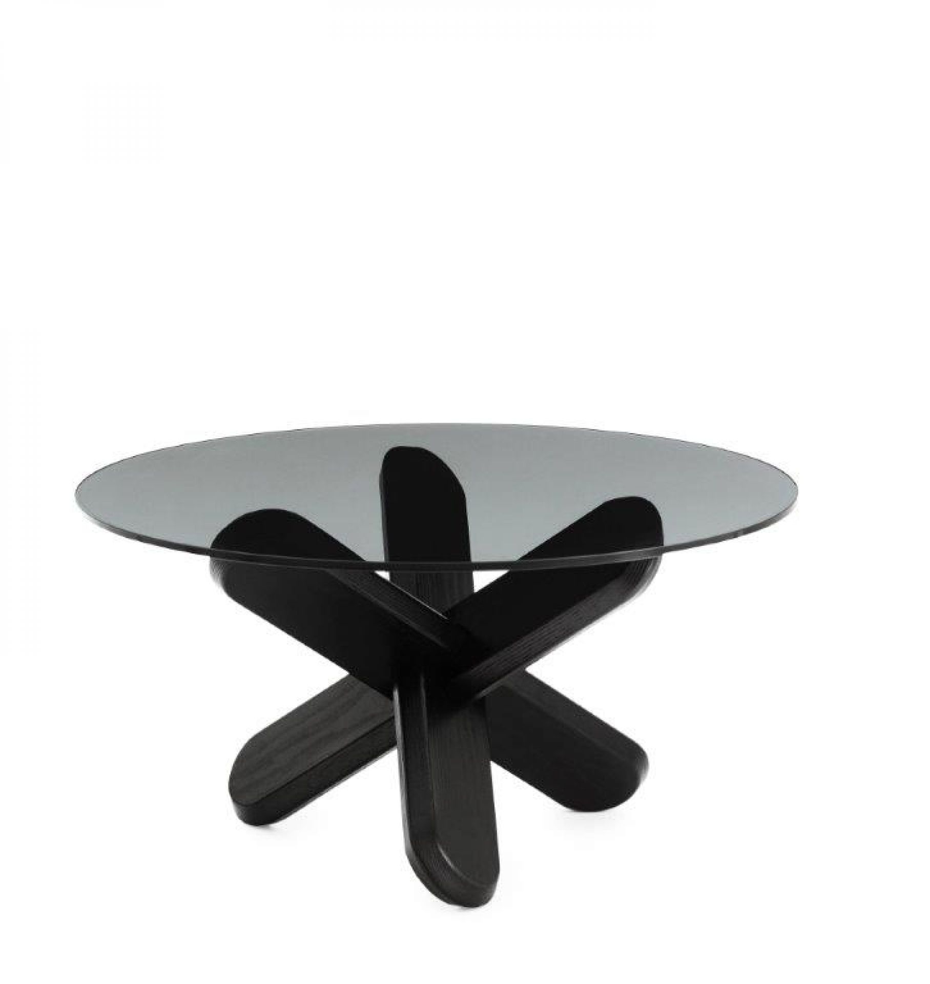 Normann Copenhagen Ding Table Tisch mit runder Glasplatte und schwarzem Holzfuß.