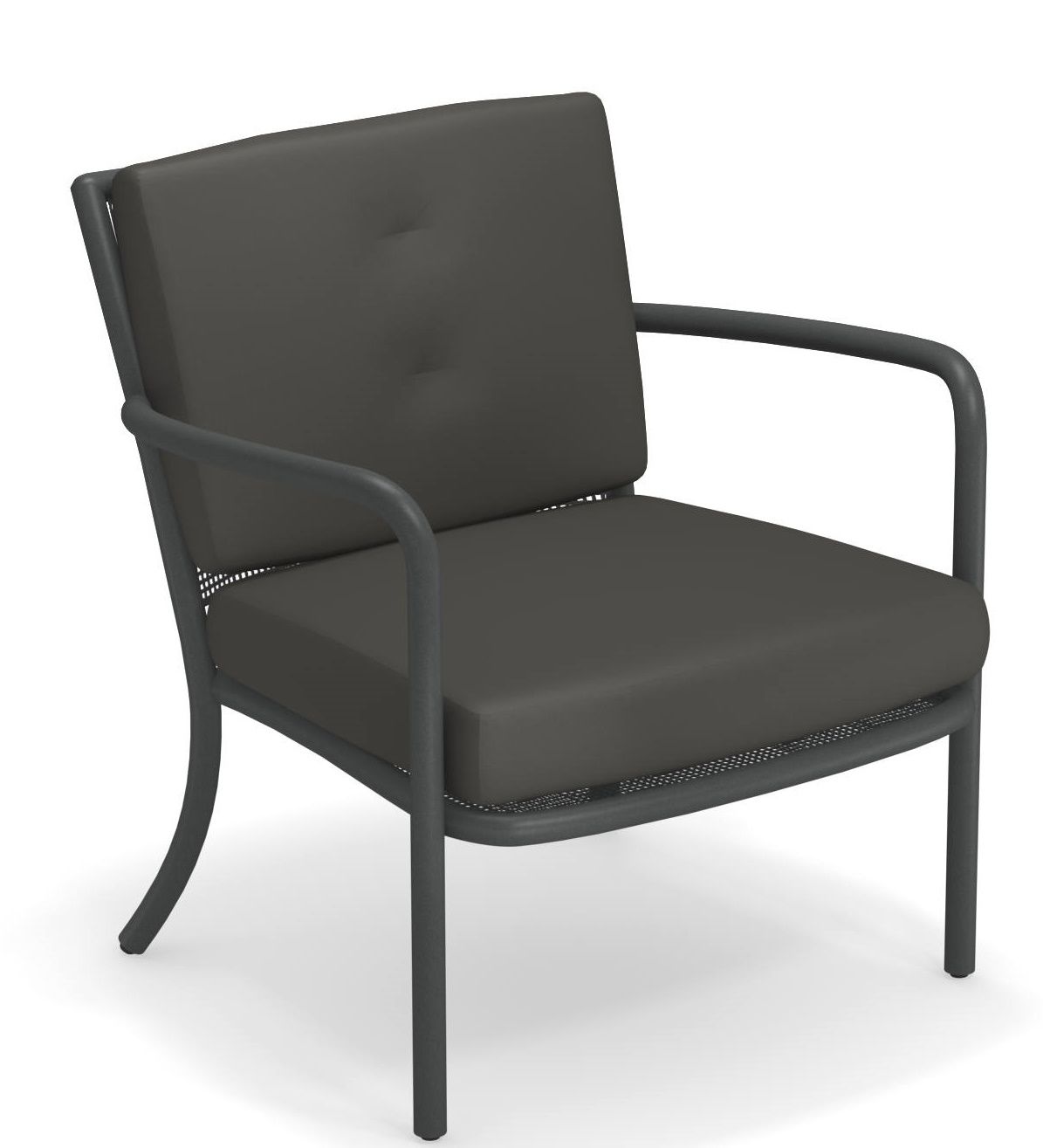 Athena Lounge Chair Sessel Outdoor Emu mit grauen Polstern und Stahlrahmen, ideal für Garten und Terrasse.