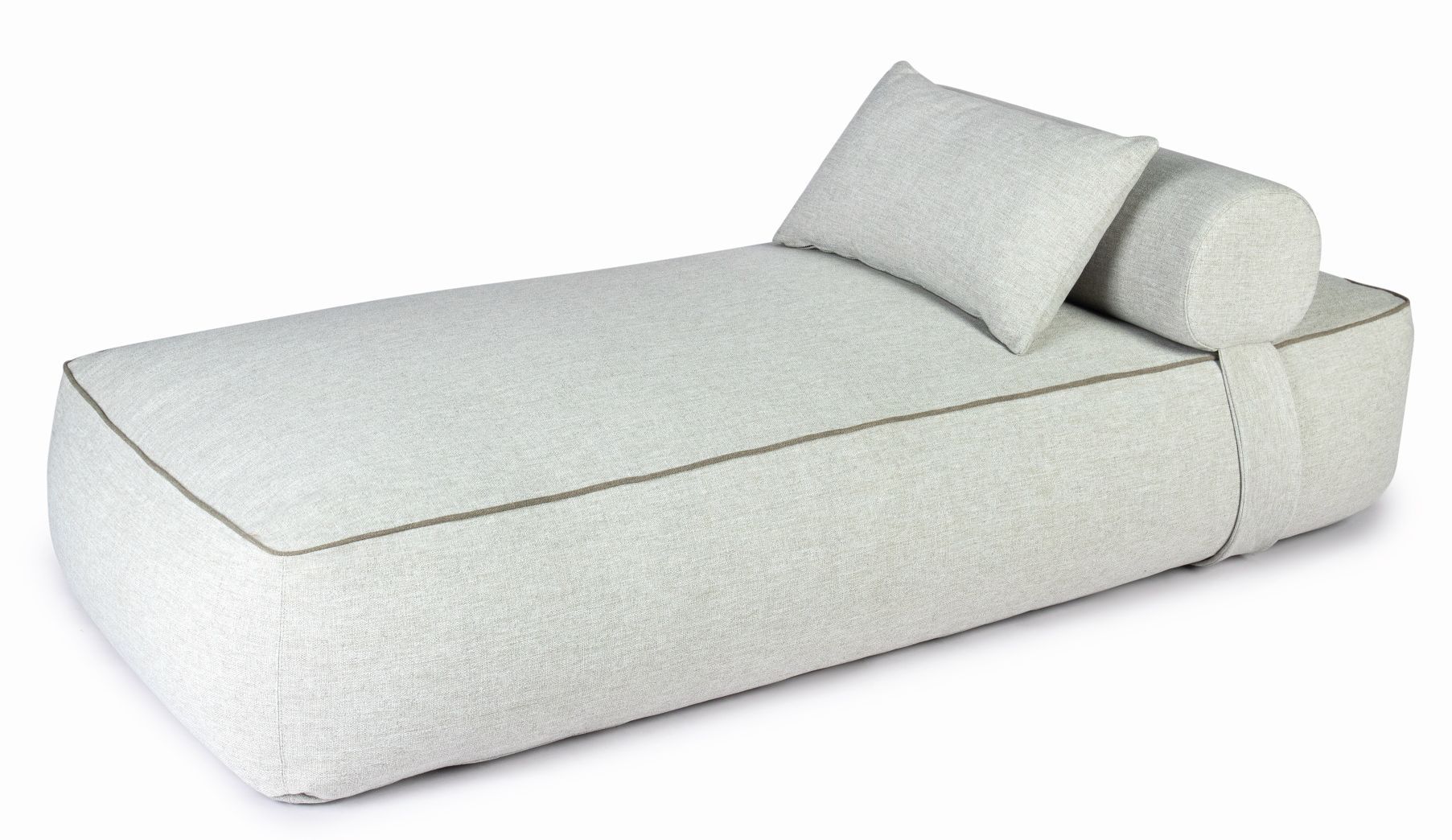 Maliha Lounge Bett Outdoor Weishäupl Pebble: Elegante Outdoor-Liege mit Kissen und Rolle in hellem Grau.
