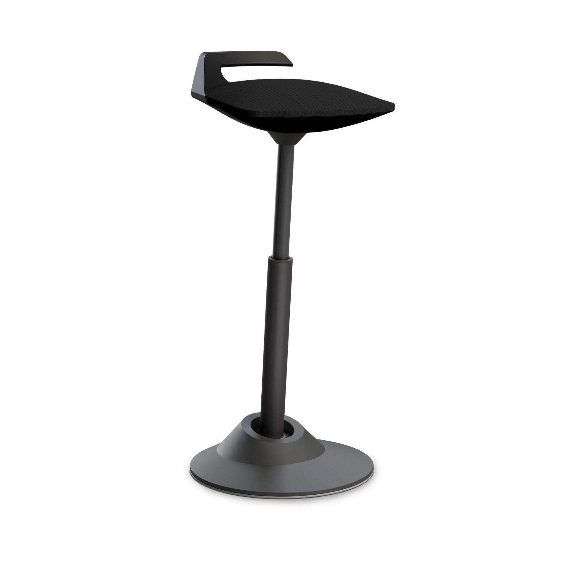 Schwarzer, höhenverstellbarer Stehhocker mit Fußstütze für ergonomisches Sitzen und Stehen im Büro oder Homeoffice.