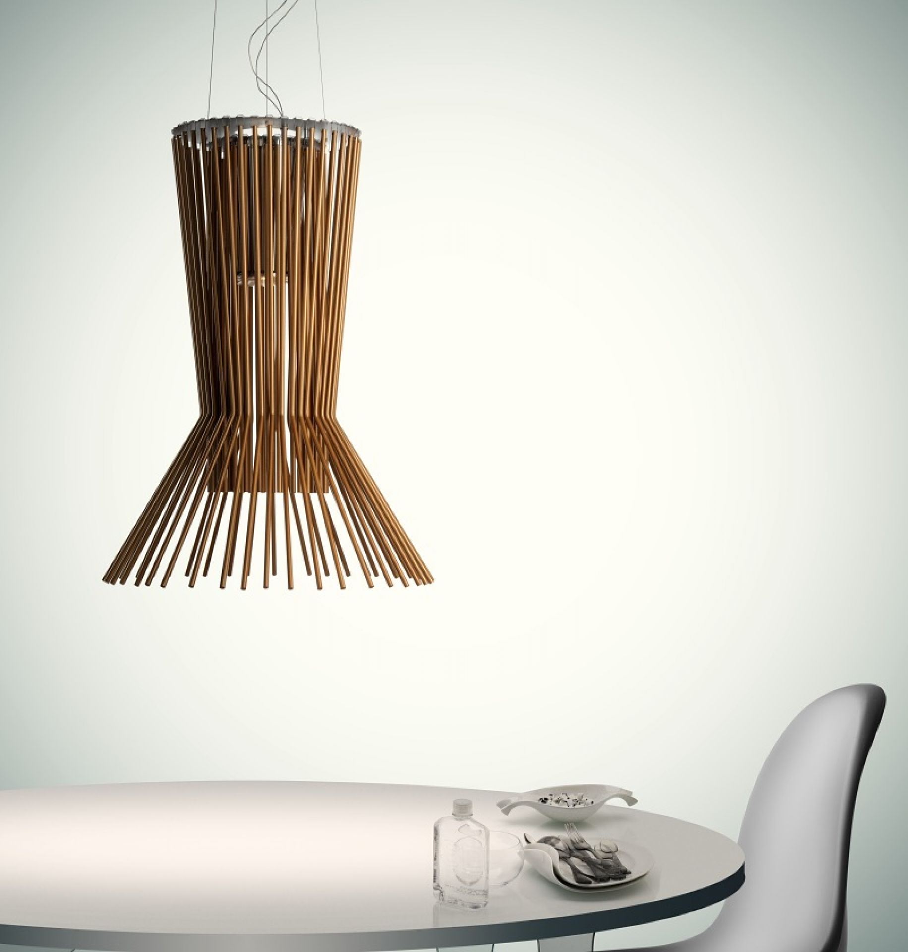 Allegretto Vivace Pendelleuchte von Foscarini, moderne Designerlampe aus Holzstäben über einem Esstisch.