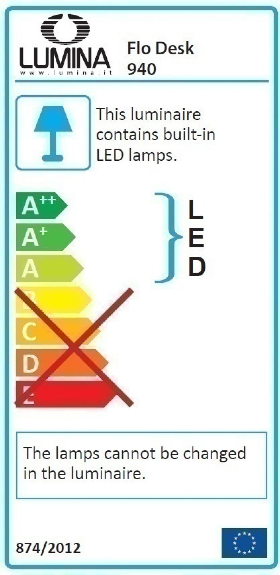 Energieeffizienzlabel der Flo Desk Tischleuchte Lumina mit integrierten LED-Lampen.