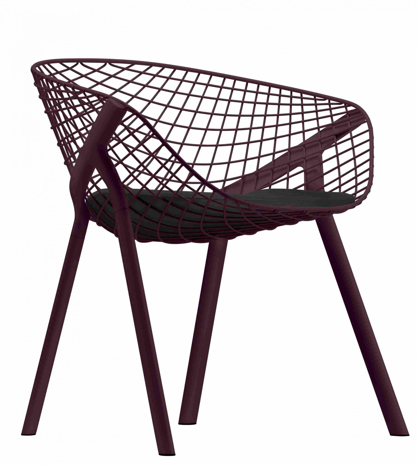 Kobi Chair Stuhl mit schwarzem Sitzkissen und filigranem, auberginefarbenem Drahtgestell für den modernen Wohnbereich.