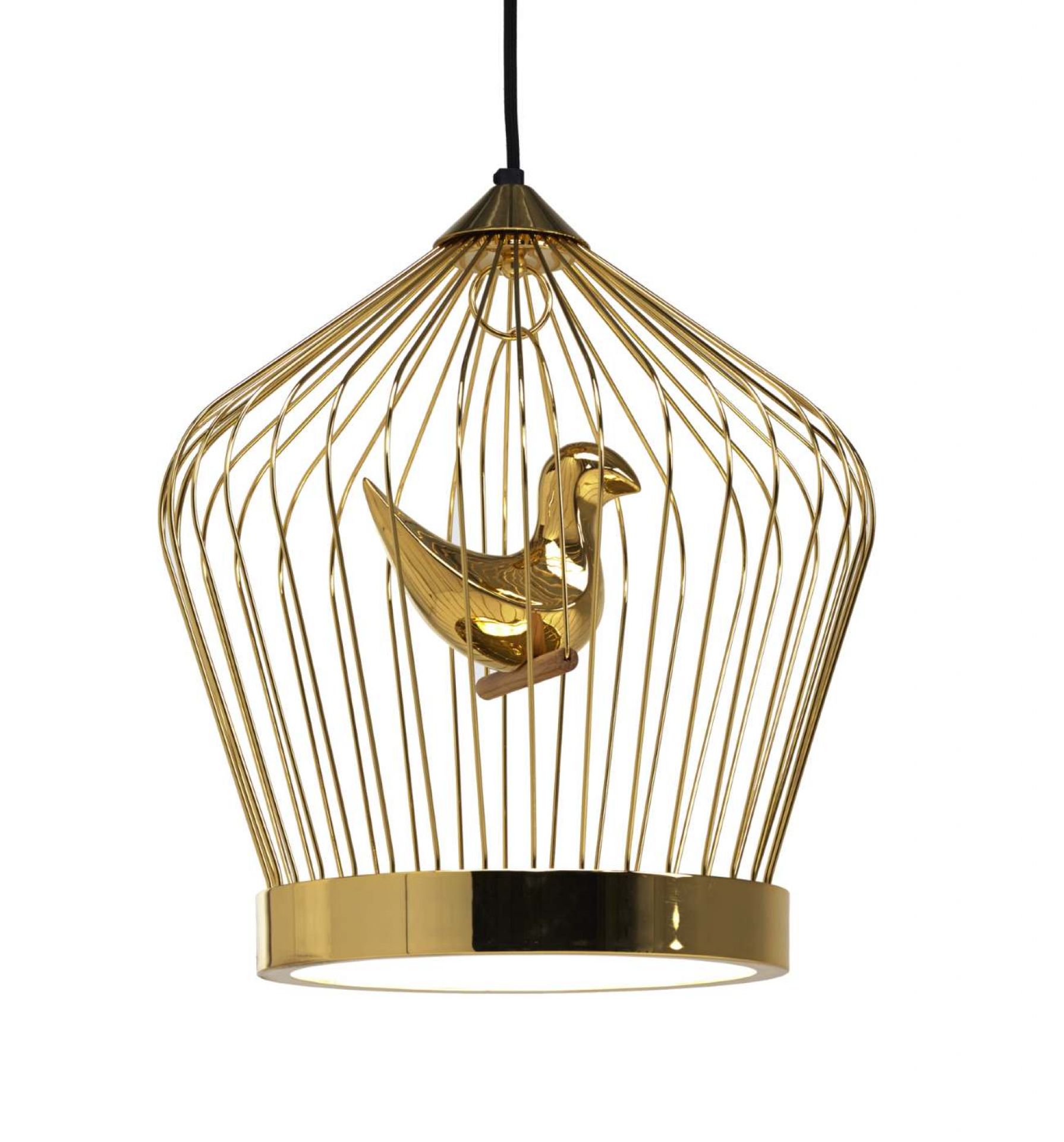 Twee T. Hängeleuchte von Casamania Horm mit goldenem Vogelkäfig und Vogel als Designelement.
