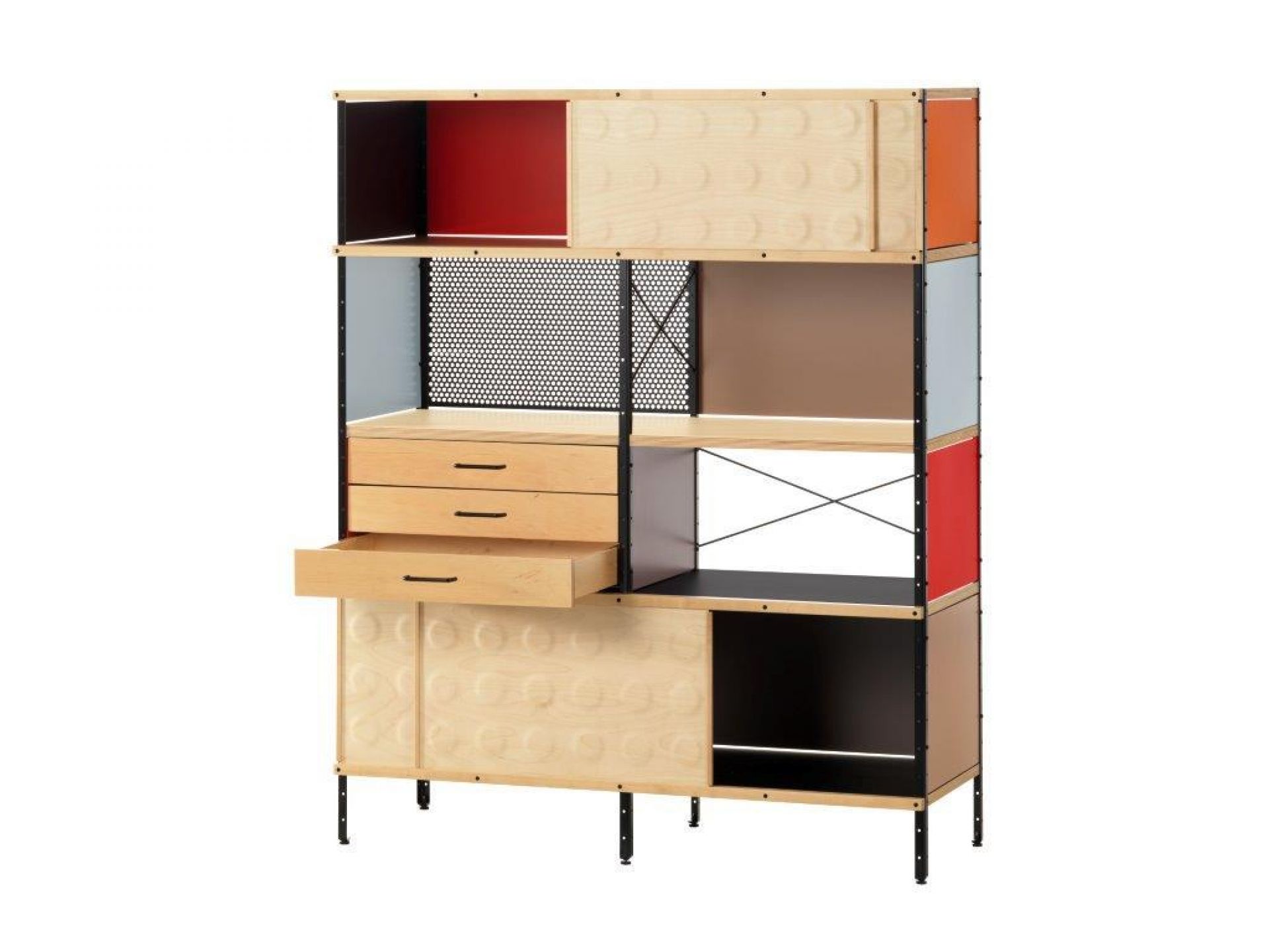 Eames Storage Unit ESU Bücherregal von Vitra mit Schubladen, Fächern und farbigen Akzenten.