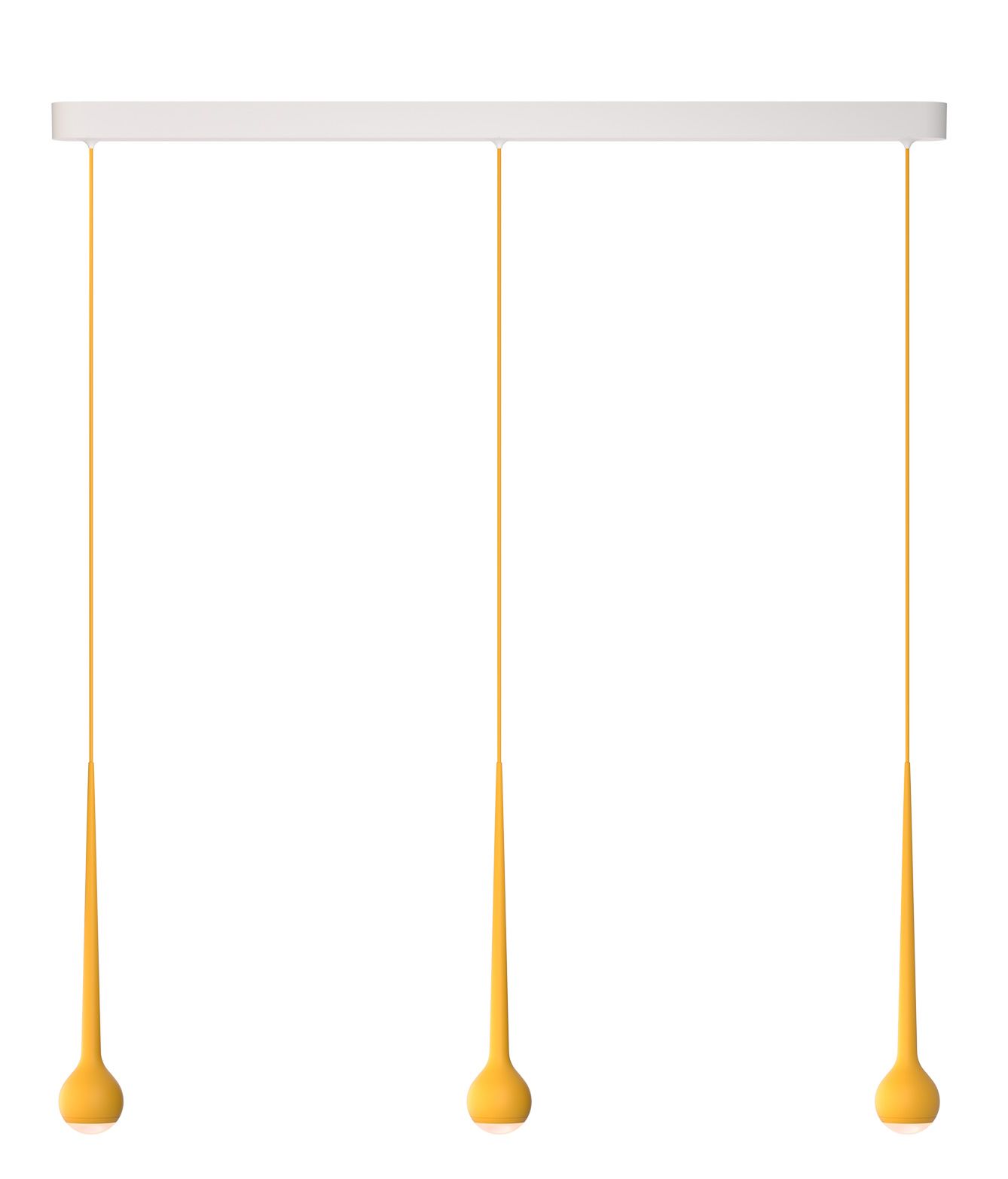 Falling Sun Trace Pendelleuchte in Grau: Moderne Hängelampe mit drei gelben Leuchten an dünnen Kabeln.