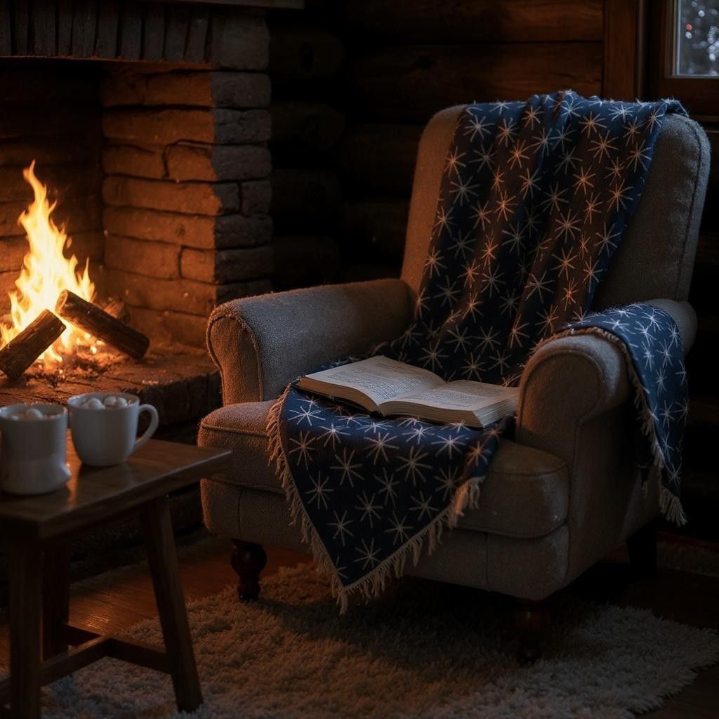 Gemütlicher Sessel mit Räder Decke "More magic moments", Buch und heißer Schokolade am Kamin.