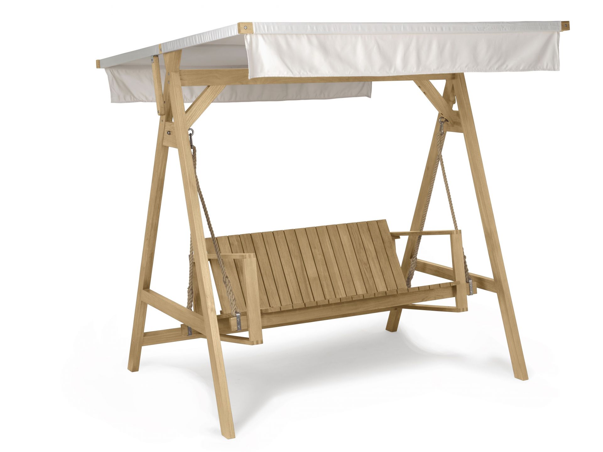 Bodil Kjaer Schaukelsofa: Holzgestell mit weißem Sonnendach und Seilen für Outdoor-Entspannung.
