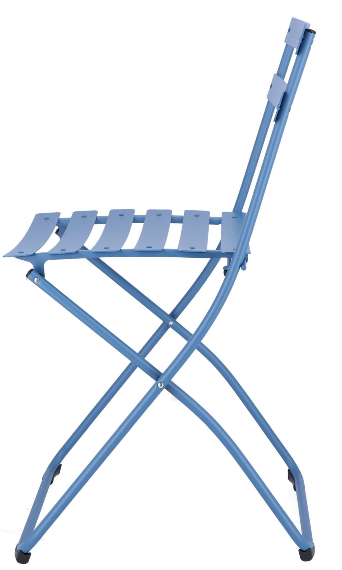 Fiam Spring Klappstuhl Outdoor Jan Kurtz hellblau, Seitenansicht. Gartenstuhl aus Metall, zusammenklappbar.