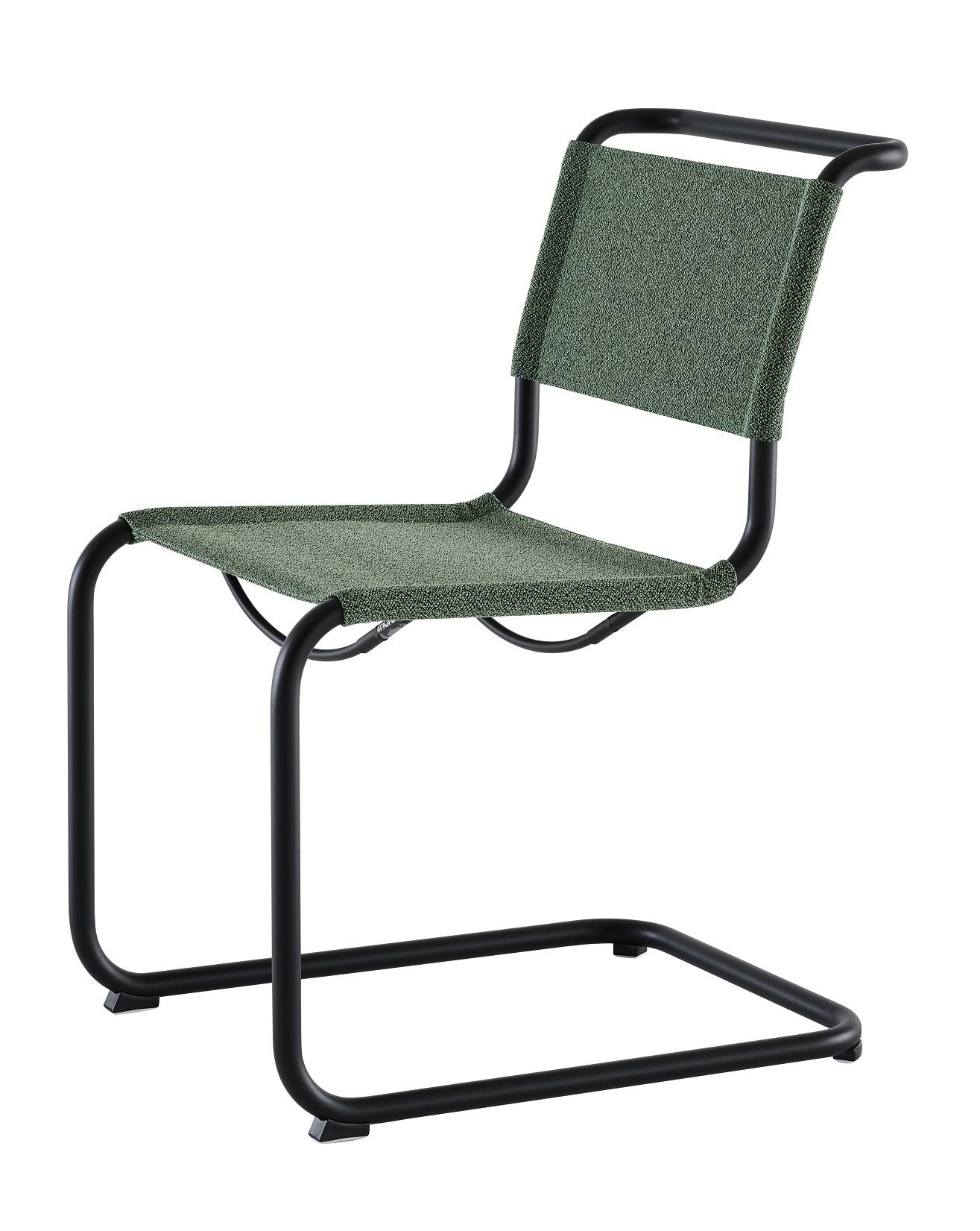 Thonet S 33 V Freischwinger mit olivgrünem Stoffbezug und schwarzem Stahlrohrgestell, seitliche Ansicht.