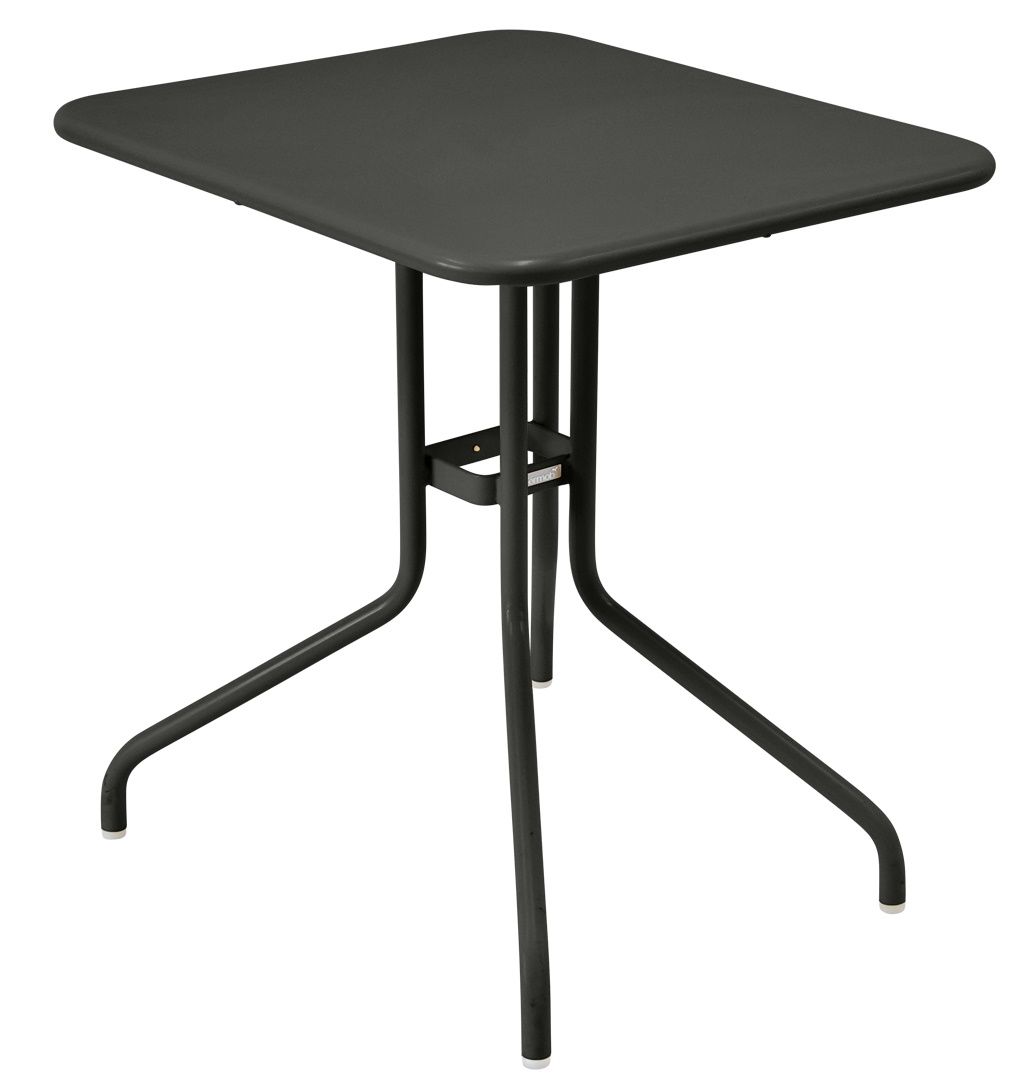 Anthrazitfarbener Pétale Tisch 60x70 cm von Fermob für den Außenbereich, quadratische Tischplatte mit filigranem Stahlgestell.