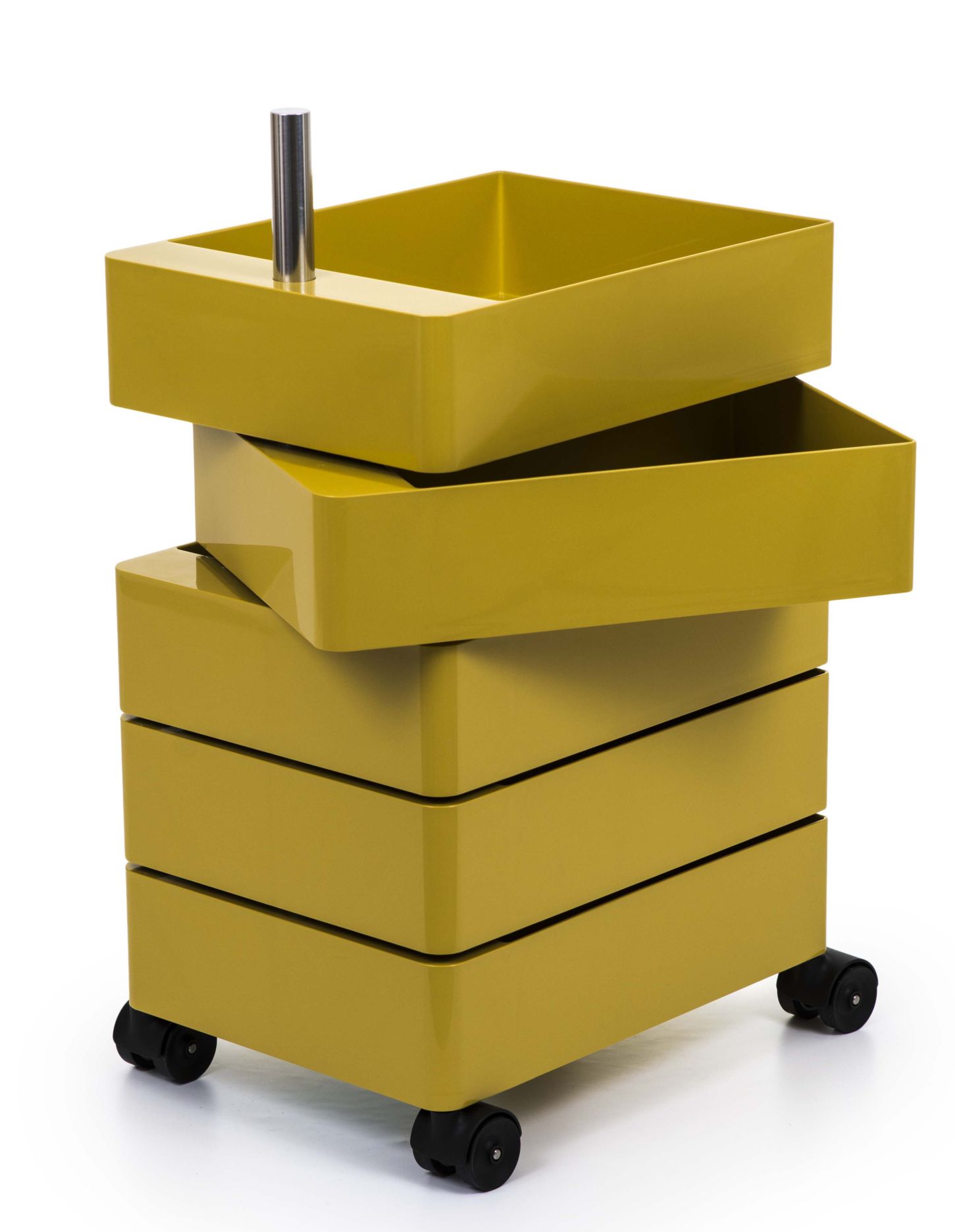 Gelber Magis 360° Container mit fünf Schubladen und Rollen, ideal für Büro und Zuhause.