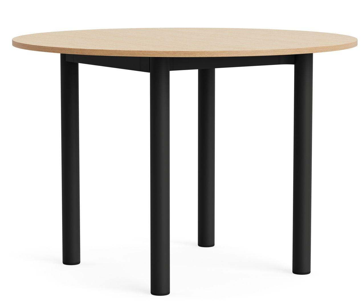 Annex Table Round Esstisch von Hay mit heller Tischplatte und schwarzem Metallgestell.