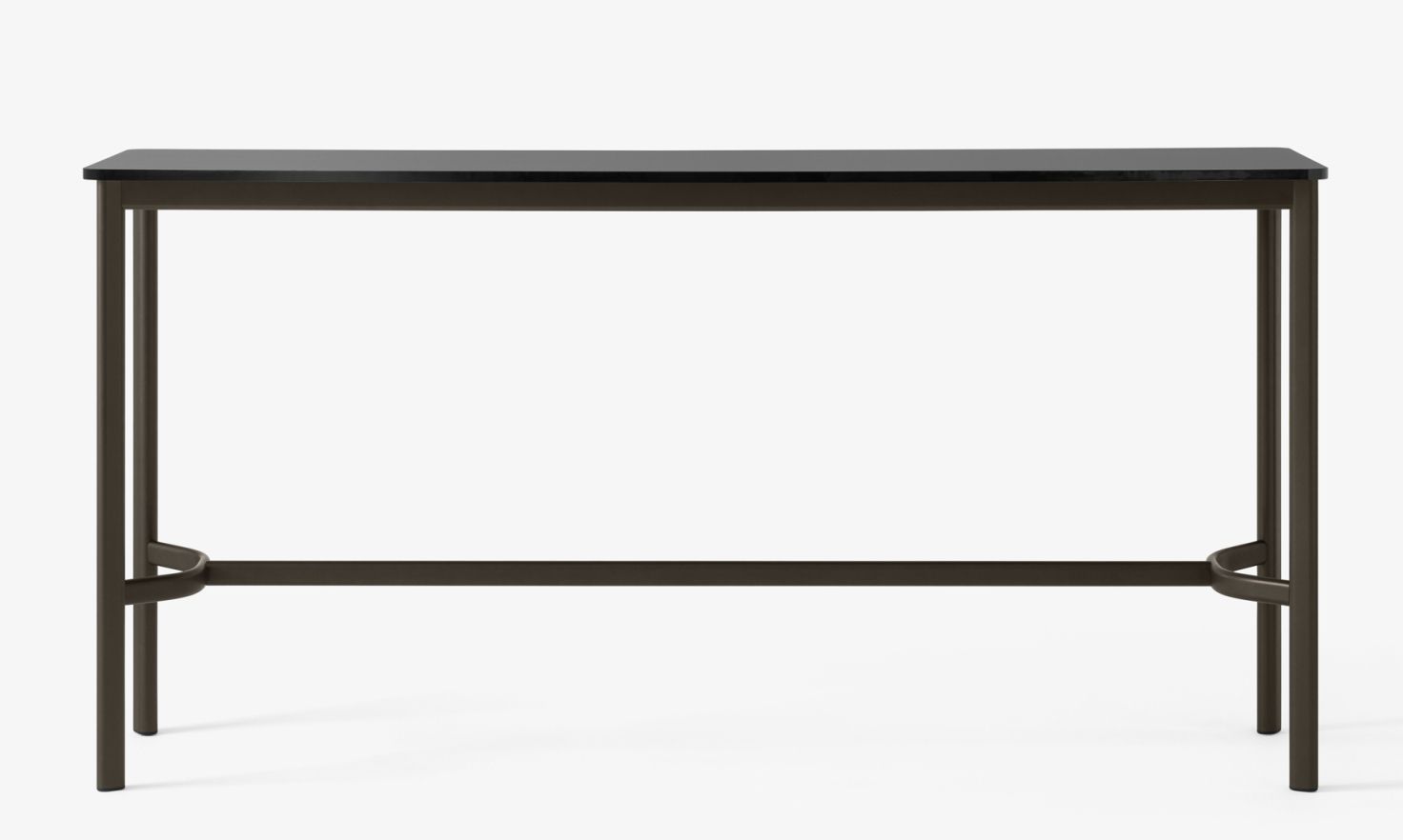 AndTradition Drip High Table: Moderner Stehtisch mit dunkler Tischplatte und filigranem, braunem Metallgestell.