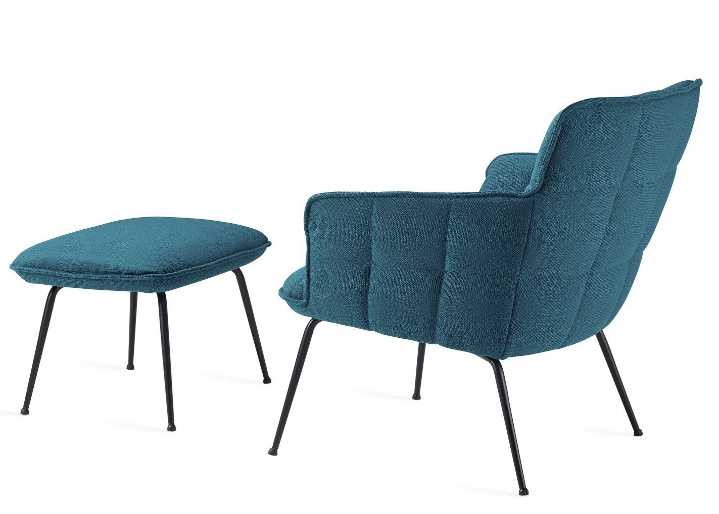 Marla Sessel von Freifrau Manufaktur in blau mit Fußhocker, moderne Wohnzimmermöbel und Designermöbel.