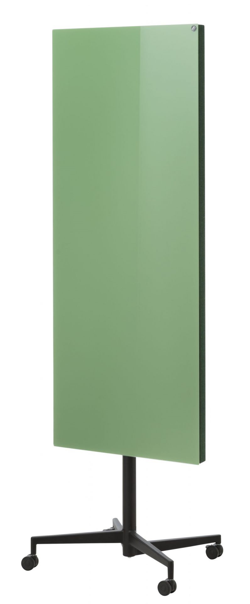 Grüne Chat Board Move Acoustic Stellwand mit schwarzem Fuß und Rollen für flexible Raumlösungen.