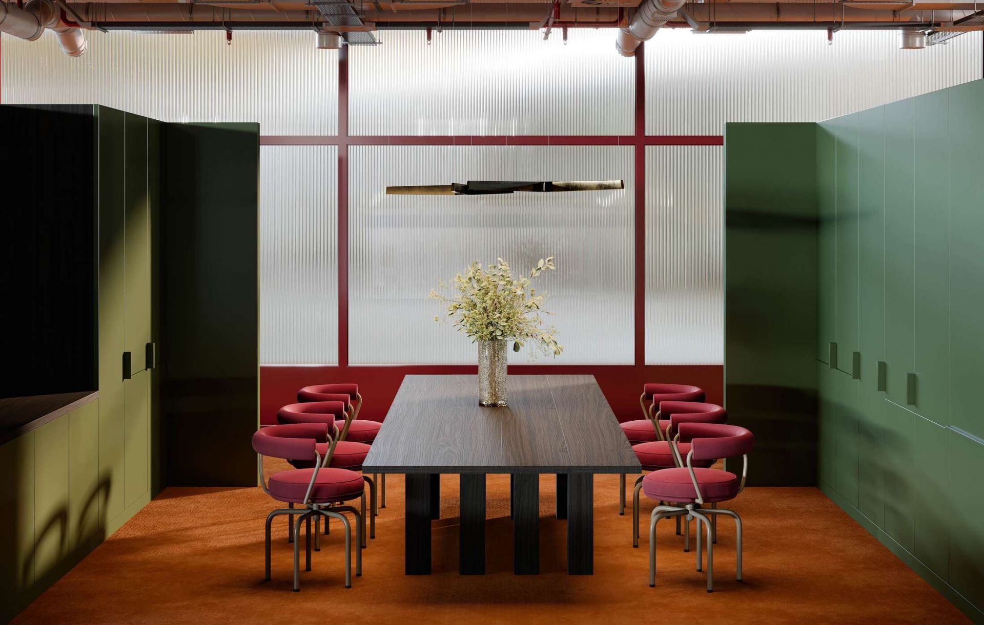 Esstisch mit roten Cassina Drehsesseln im modernen Büro, Konferenzraum mit Designermöbeln.