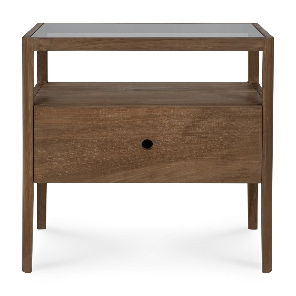 Spindle Nachttisch von Ethnicraft: Teakholz Nachttisch mit Schublade und Ablagefläche für Schlafzimmer.