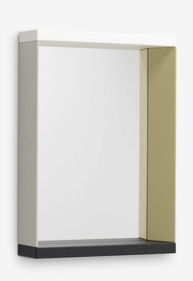 Vitra Colour Frame Spiegel mit farbigem Holzrahmen in Weiß, Gelb und Schwarz, Detailansicht.