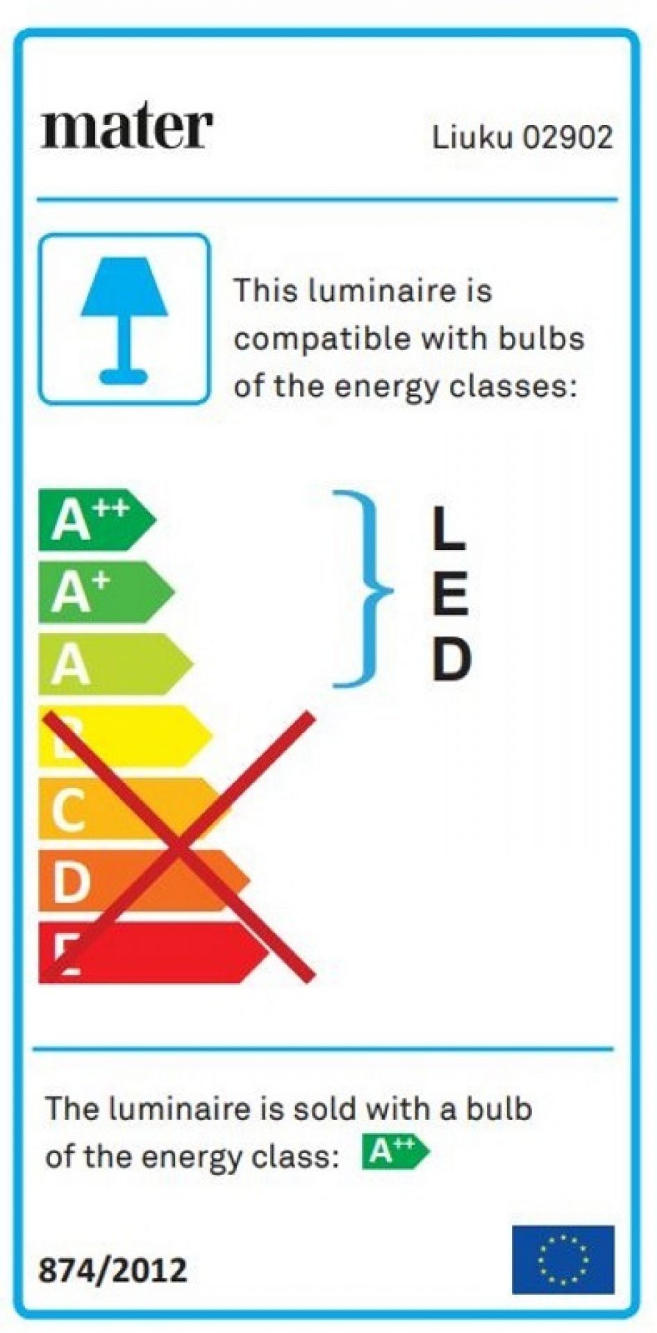 Energieeffizienzlabel der Liuku Lampe von Mater, kompatibel mit LED-Leuchtmitteln der Energieklassen A++ bis A.