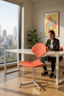 Vitra DKL-2 Wire Chair Stuhl mit roter Sitzpolsterung vor einem Schreibtisch und einer Frau.