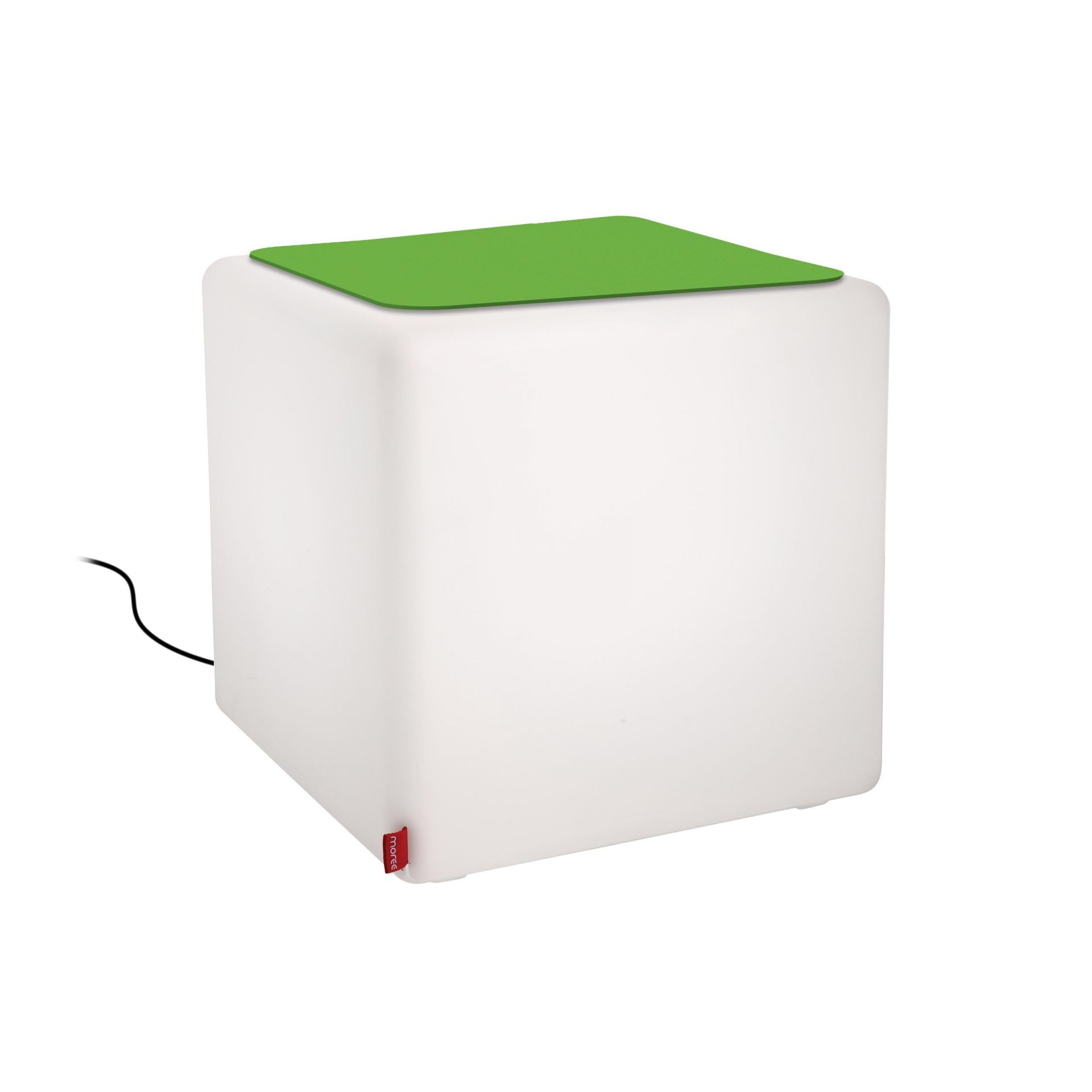 CUBE Hocker mit grünem Filzkissen, ideal als Beistelltisch und Sitzgelegenheit für den Outdoor-Bereich.