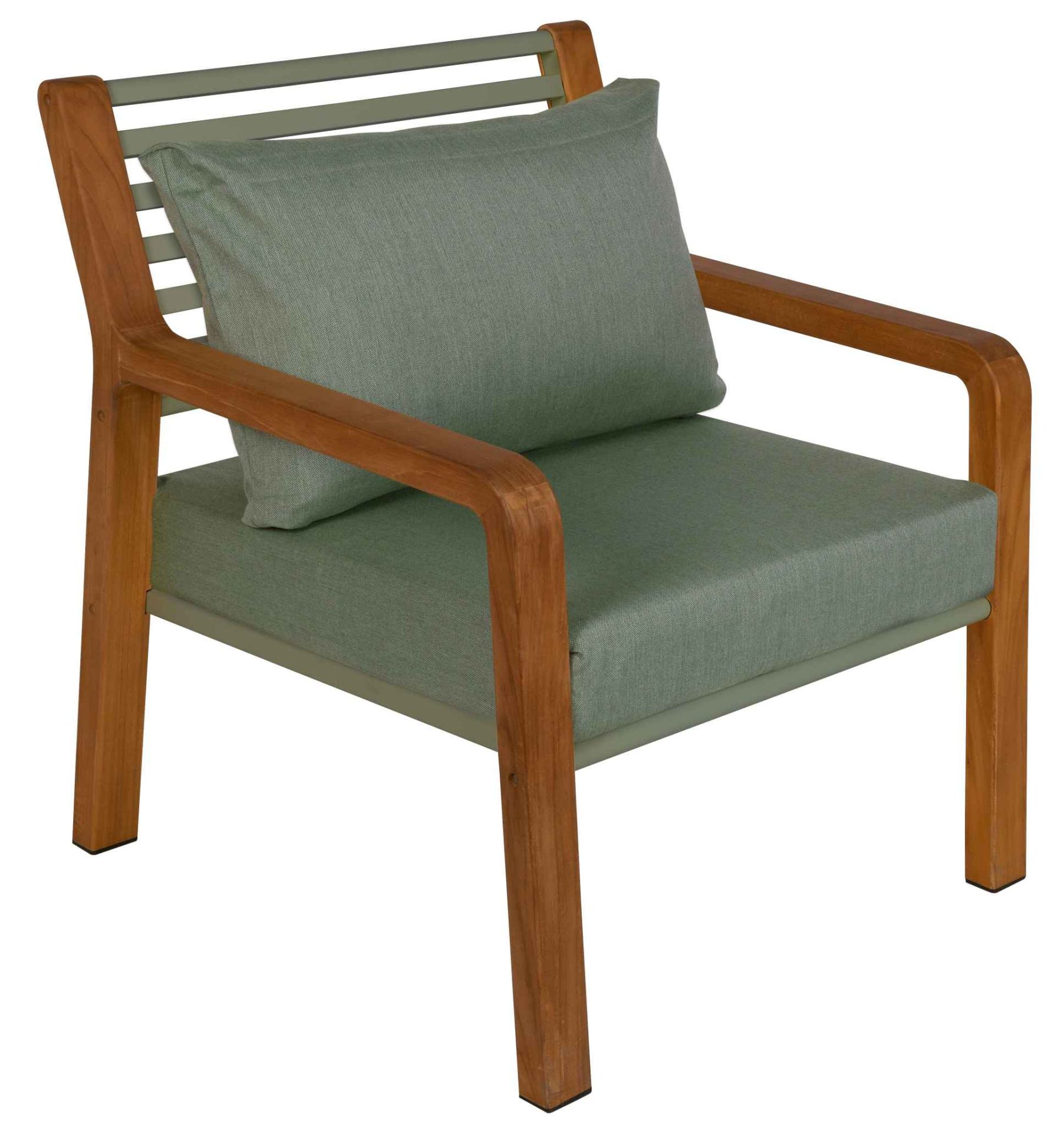 Somerset Sessel Outdoor von Fermob mit Armlehnen und grünen Kissen für Garten und Terrasse.
