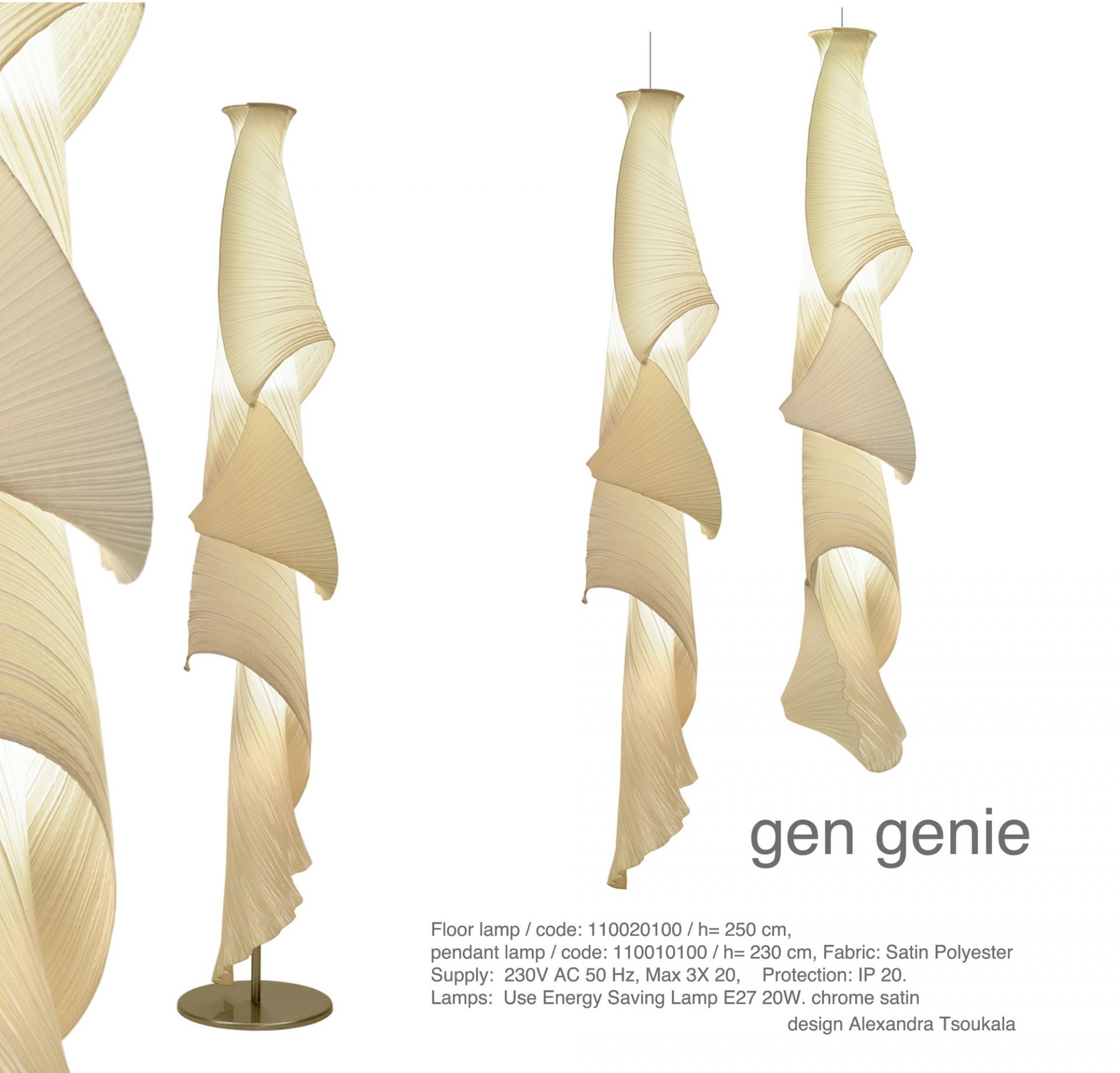 Beige Gen Genie Pendelleuchte von Alexandra Tsoukala mit plissiertem Lampenschirm für stilvolle Beleuchtung.