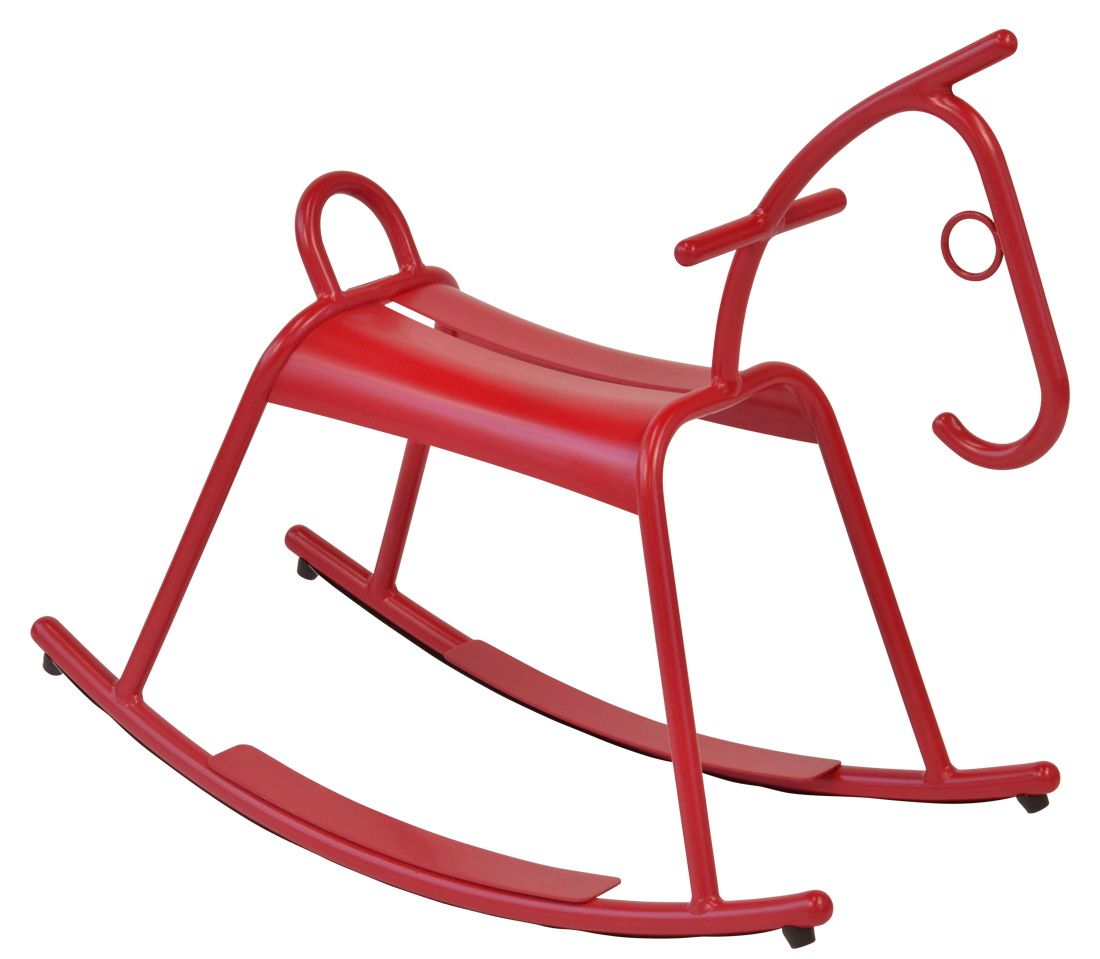 Rotes Adada Schaukelpferd von Fermob für Kinder, modernes Design aus Metall für den Außenbereich.