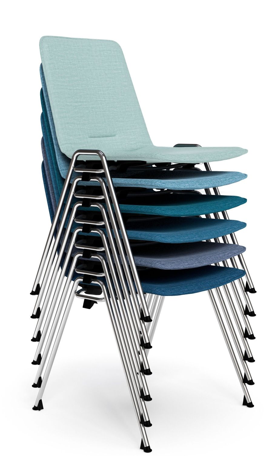 Stapelbare 1650 Yunity Chair Stühle von Walter Knoll in verschiedenen Blautönen mit Chromgestell.