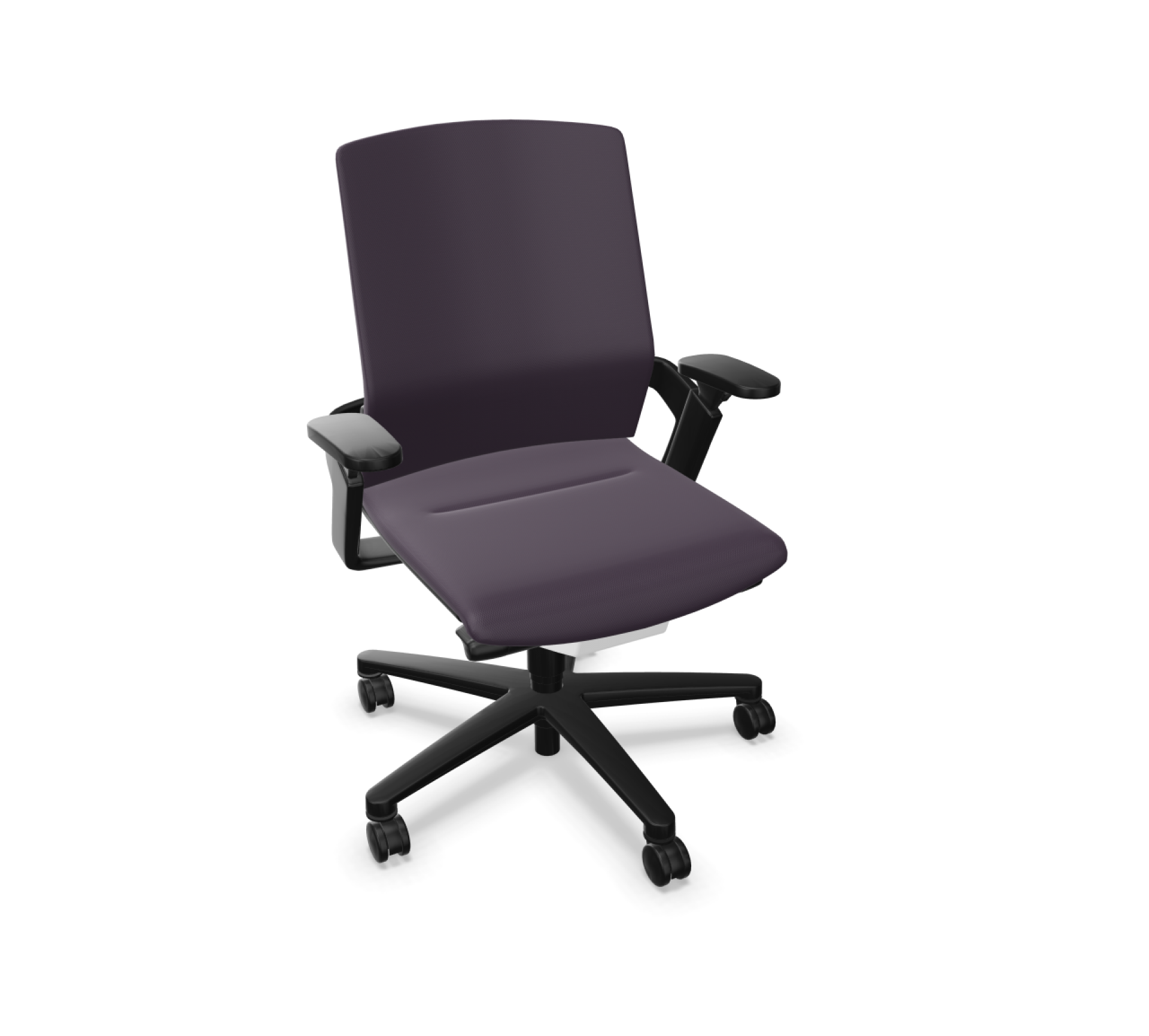 ON Drehstuhl von Wilkhahn mit mittelhohem Rücken, lila Bezug und schwarzem Fußkreuz. Bürostuhl für ergonomisches Sitzen.