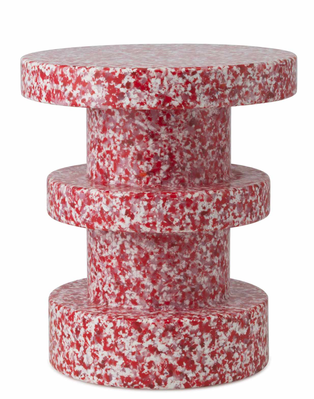 Normann Copenhagen Bit Stool Stack Hocker in Rot-Weiß gesprenkelt, moderner Beistelltisch und Sitzgelegenheit.
