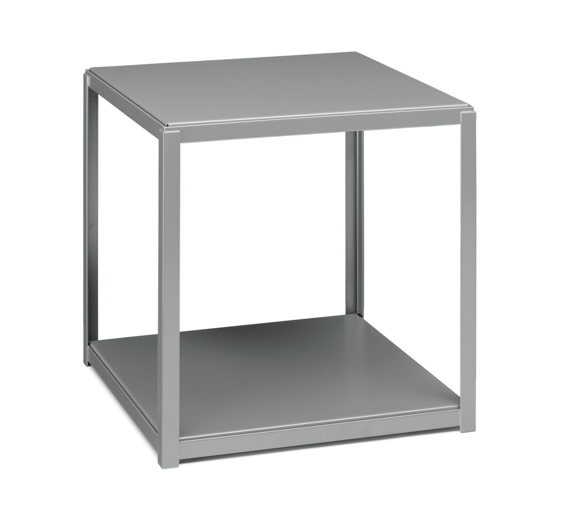 Silberner FK12 Fortyforty Beistelltisch von e15 mit zusätzlichem Einlegeboden aus Metall.