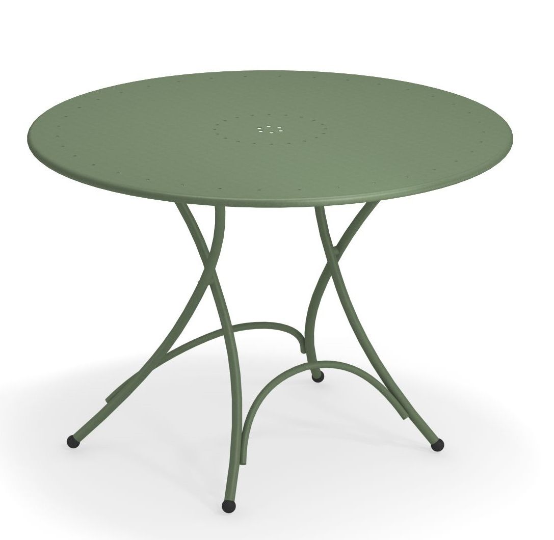 Grüner Pigalle Klapptisch von Emu für den Außenbereich, runder Gartentisch mit filigranem Metallgestell.