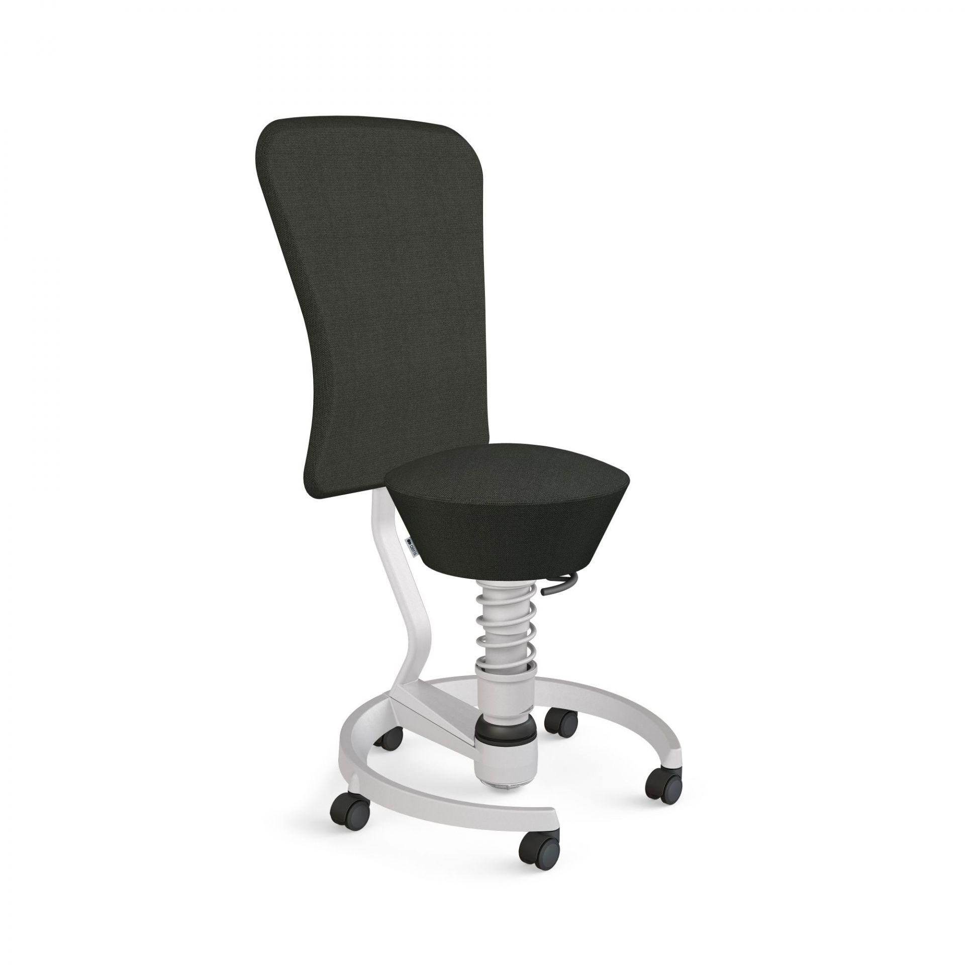 Grauer Bürostuhl mit Rückenlehne, Rollen und Federung für ergonomisches Sitzen im Büro.