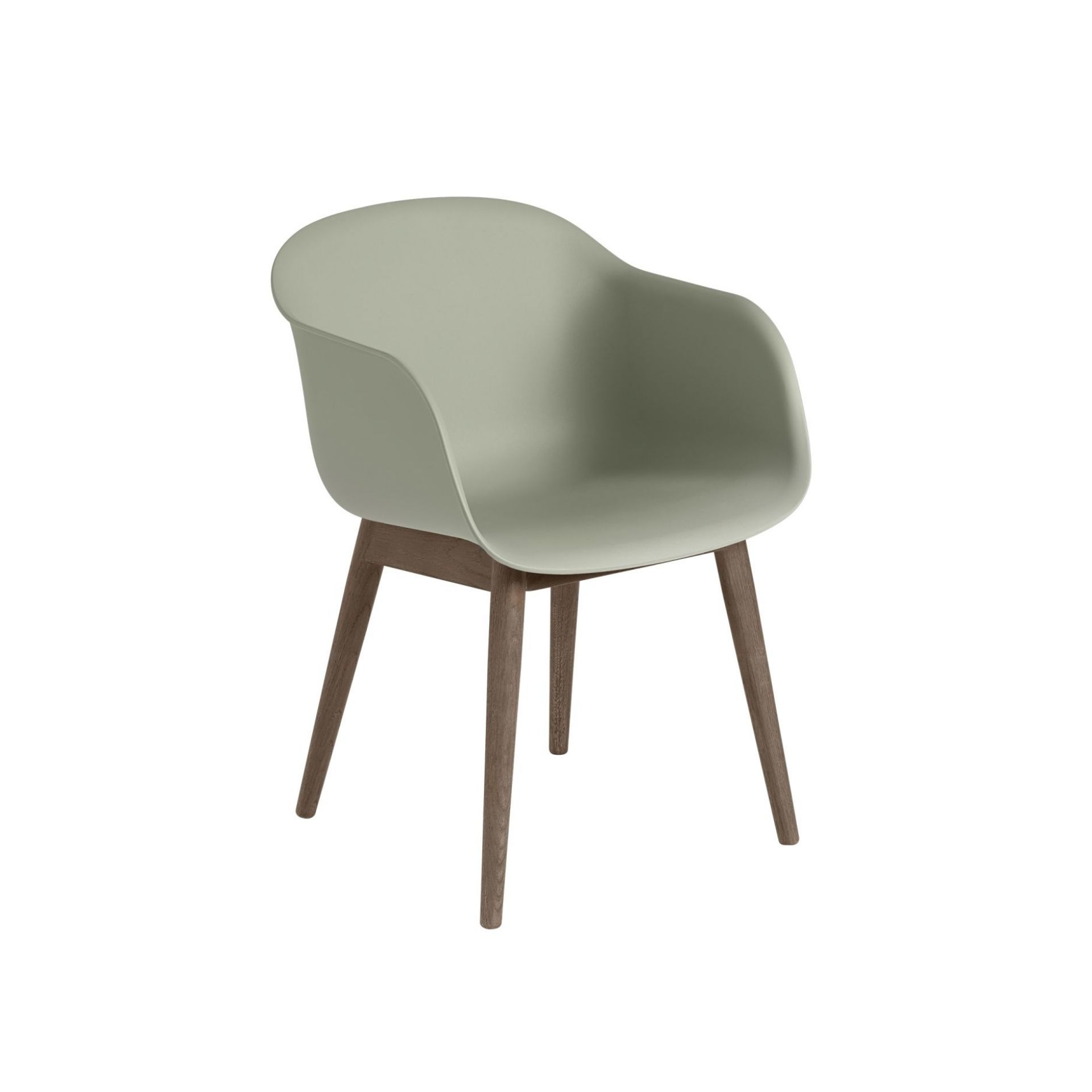 Muuto Fiber Armchair mit Holzgestell, hellgrüne Sitzschale, skandinavisches Design für Esszimmer und Wohnbereich.