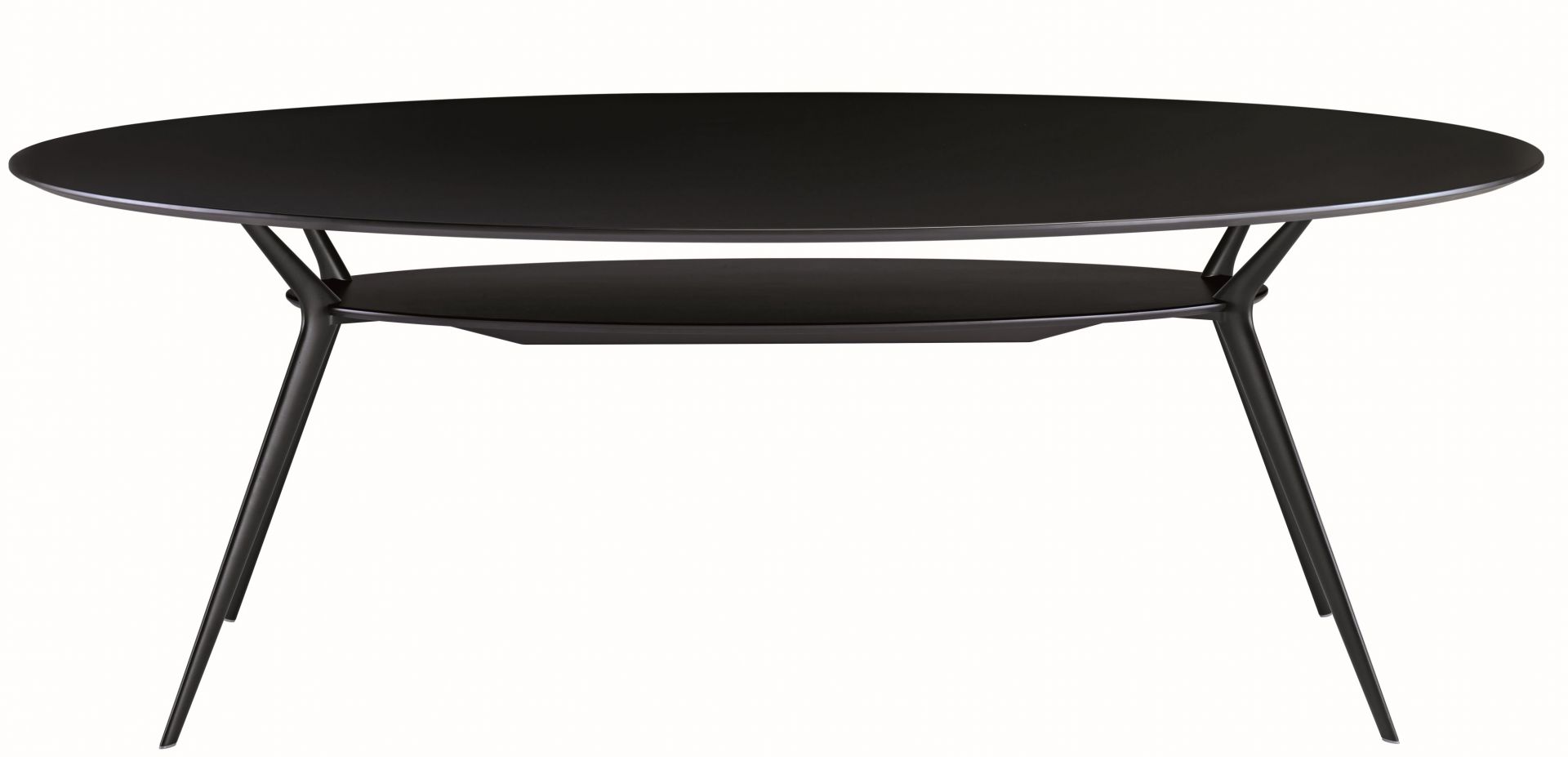 Schwarzer Biplane Tisch von Alias mit runder Tischplatte und zusätzlichem Ablageboden, modernes Möbeldesign für Esszimmer und Wohnbereich.